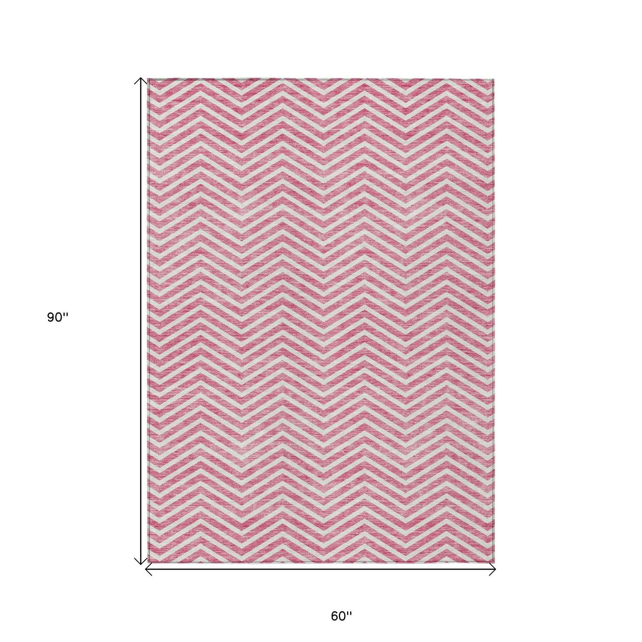 5' X 8' Pink And Ivory Chevron Washable Indoor Outdoor Area Rug
