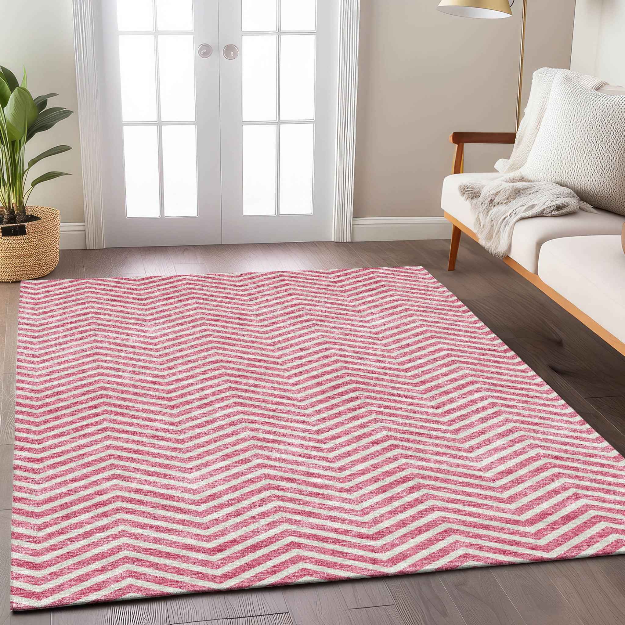 5' X 8' Pink And Ivory Chevron Washable Indoor Outdoor Area Rug