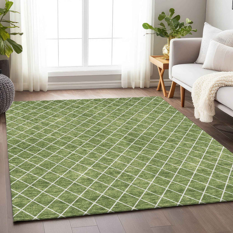 3' X 5' Green And Ivory Geometric Washable Indoor Outdoor Area Rug