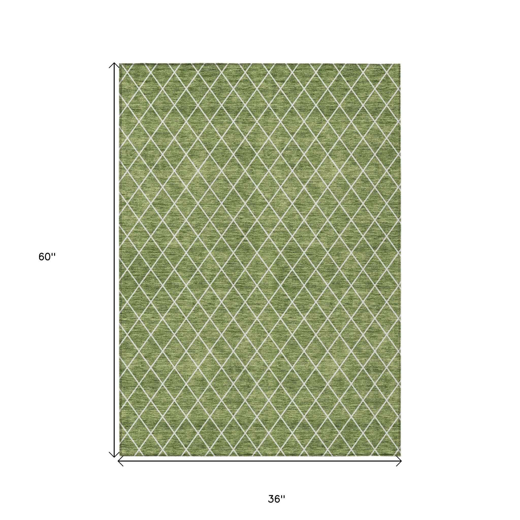 3' X 5' Green And Ivory Geometric Washable Indoor Outdoor Area Rug