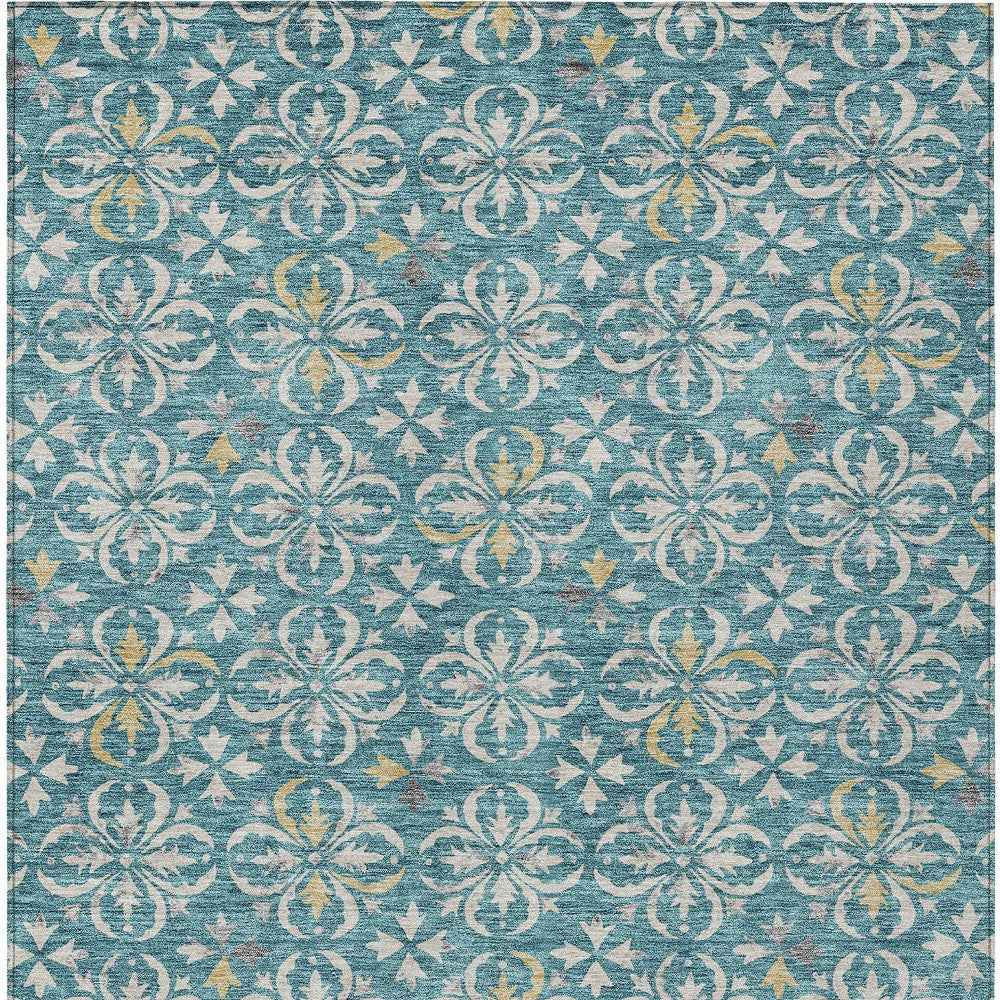 9' X 12' Teal Blue Gray And Gold Floral Washable Indoor Outdoor Area Rug