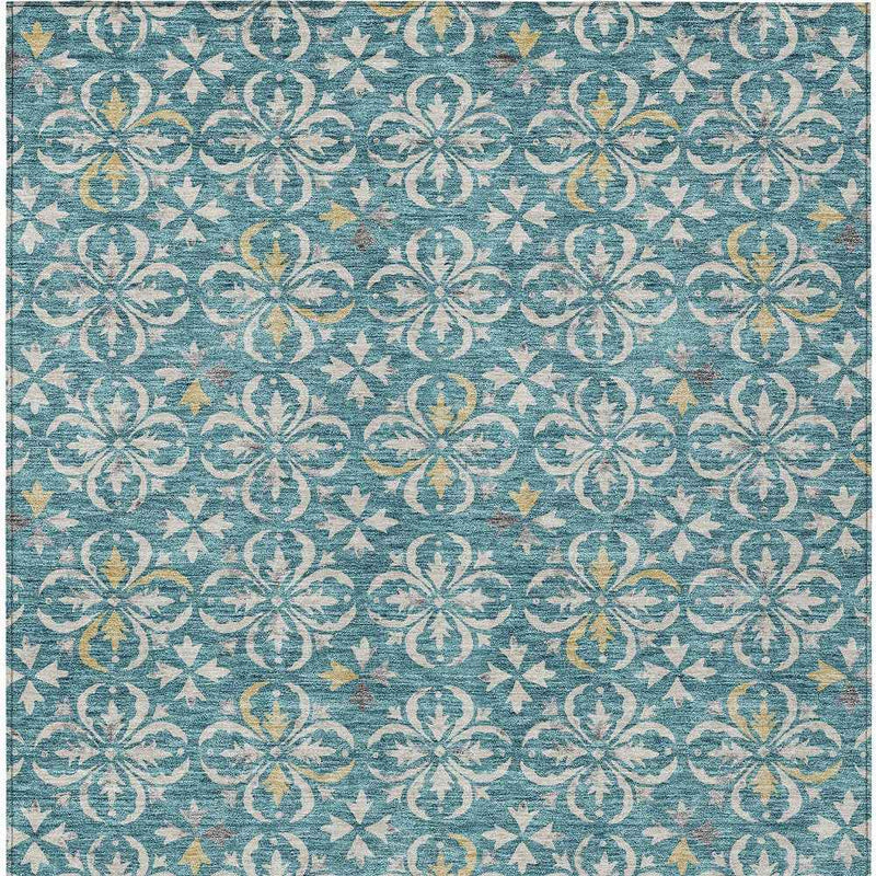9' X 12' Teal Blue Gray And Gold Floral Washable Indoor Outdoor Area Rug