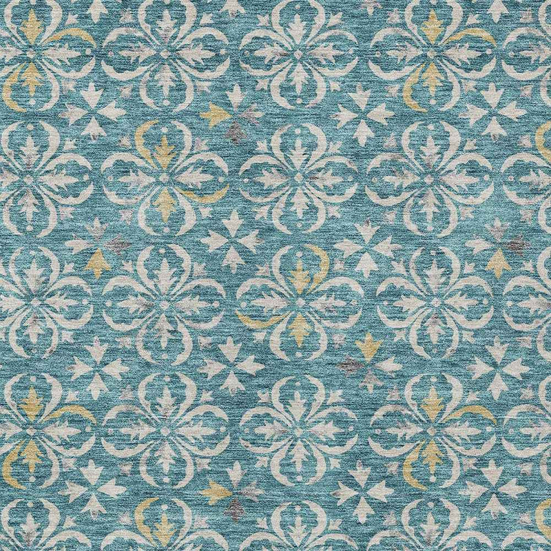 9' X 12' Teal Blue Gray And Gold Floral Washable Indoor Outdoor Area Rug