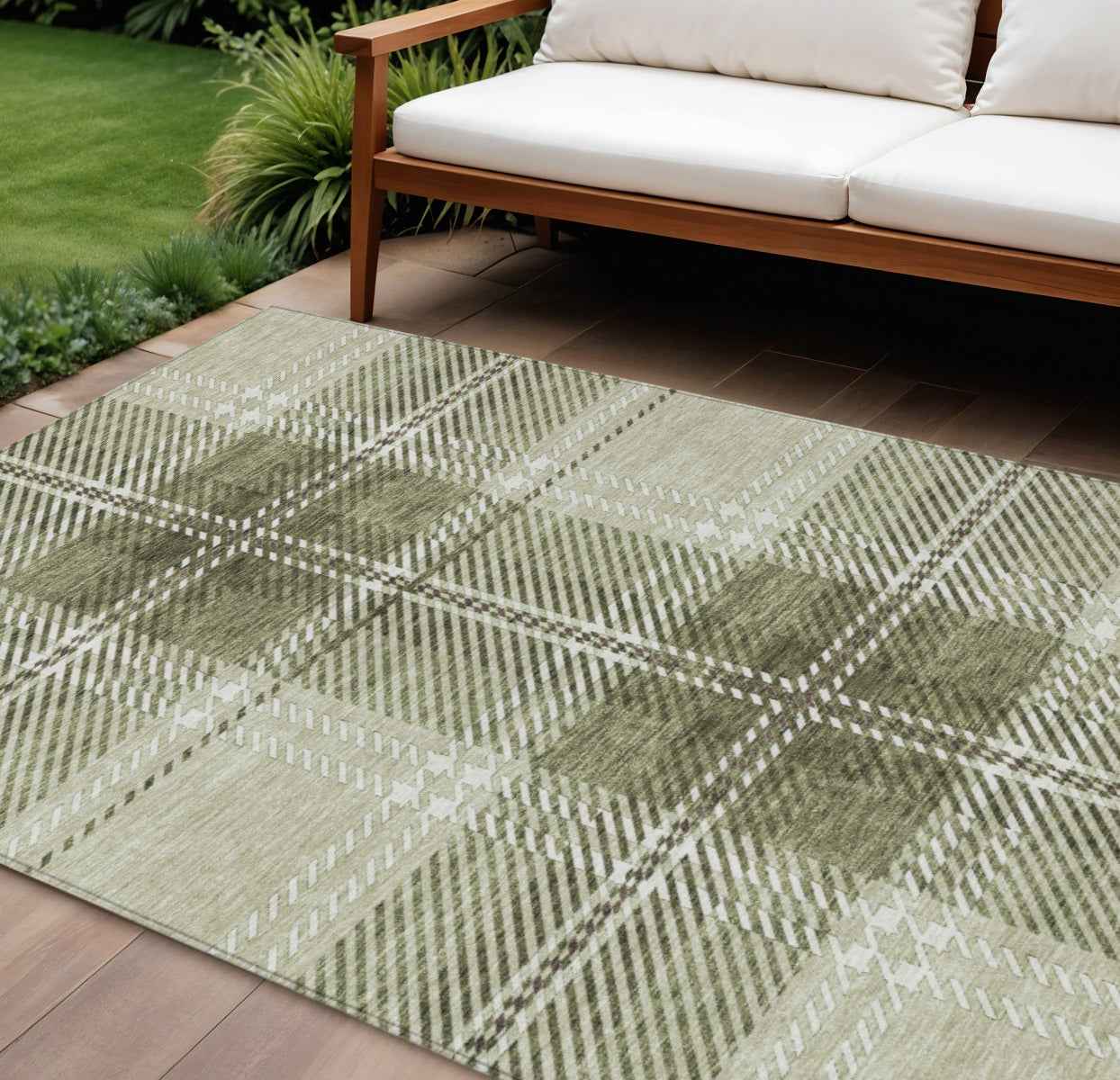 9' X 12' Artichoke Green Brown And Ivory Plaid Washable Indoor Outdoor Area Rug
