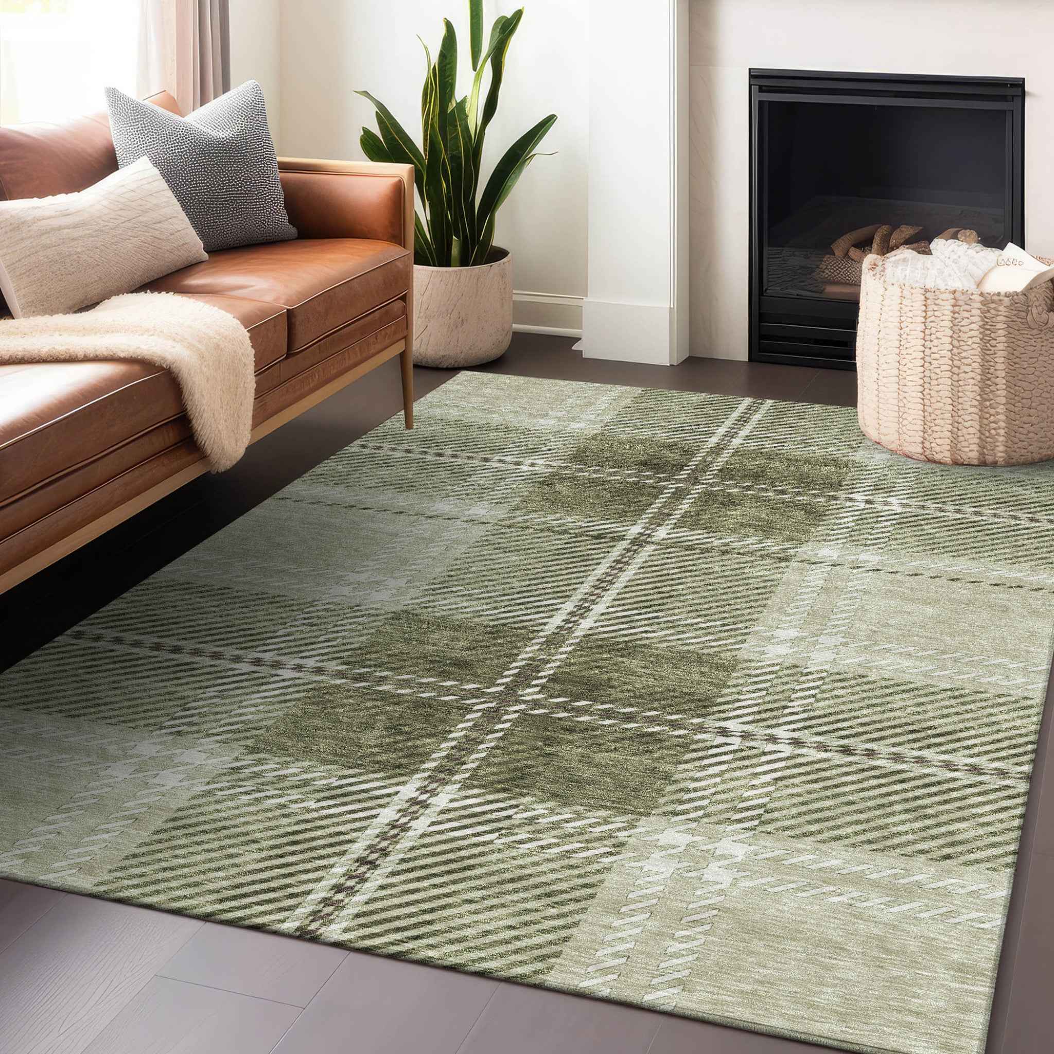 9' X 12' Artichoke Green Brown And Ivory Plaid Washable Indoor Outdoor Area Rug