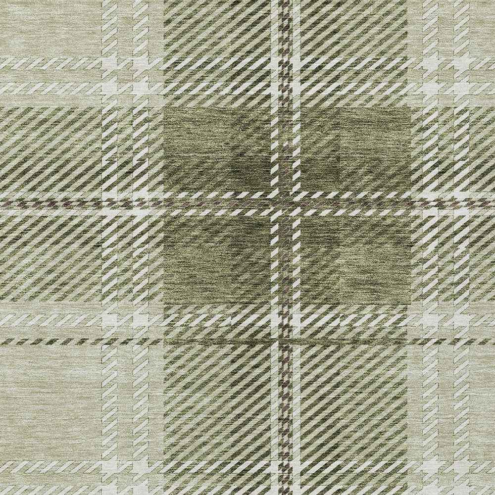 9' X 12' Artichoke Green Brown And Ivory Plaid Washable Indoor Outdoor Area Rug