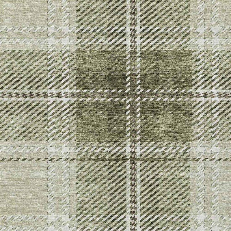 9' X 12' Artichoke Green Brown And Ivory Plaid Washable Indoor Outdoor Area Rug