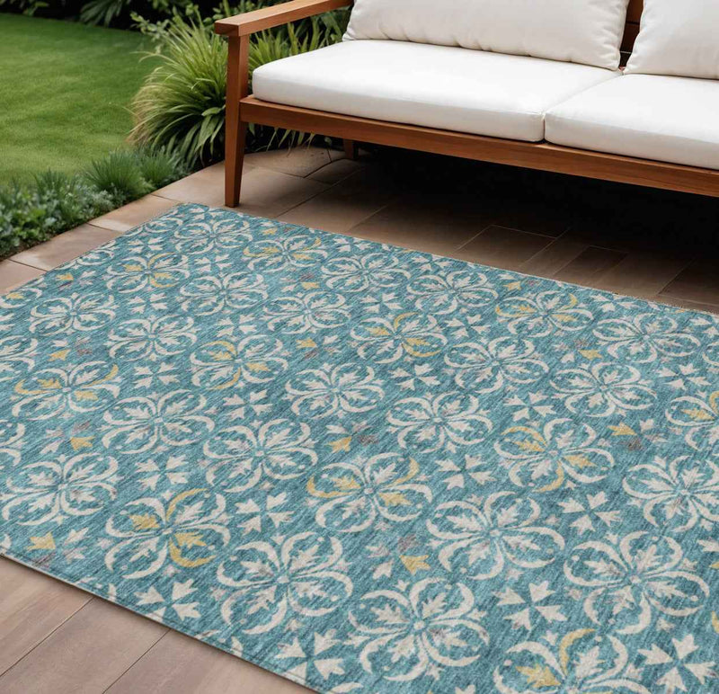 9' X 12' Teal Blue Gray And Gold Floral Washable Indoor Outdoor Area Rug