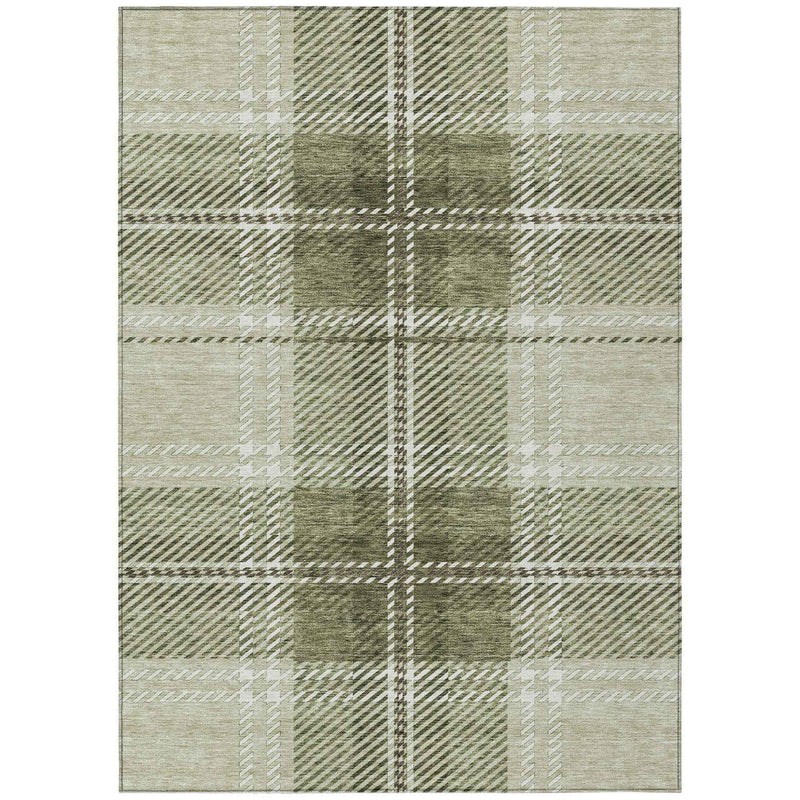 9' X 12' Artichoke Green Brown And Ivory Plaid Washable Indoor Outdoor Area Rug
