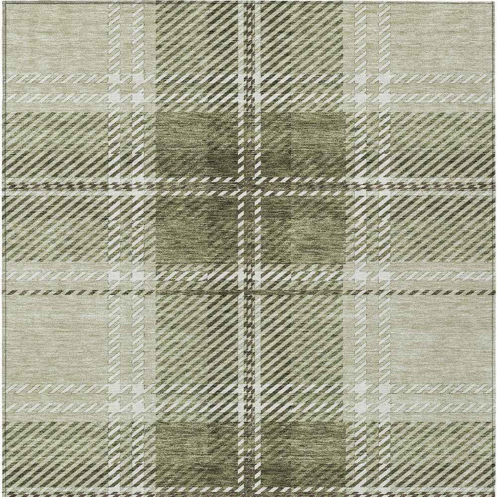 9' X 12' Artichoke Green Brown And Ivory Plaid Washable Indoor Outdoor Area Rug