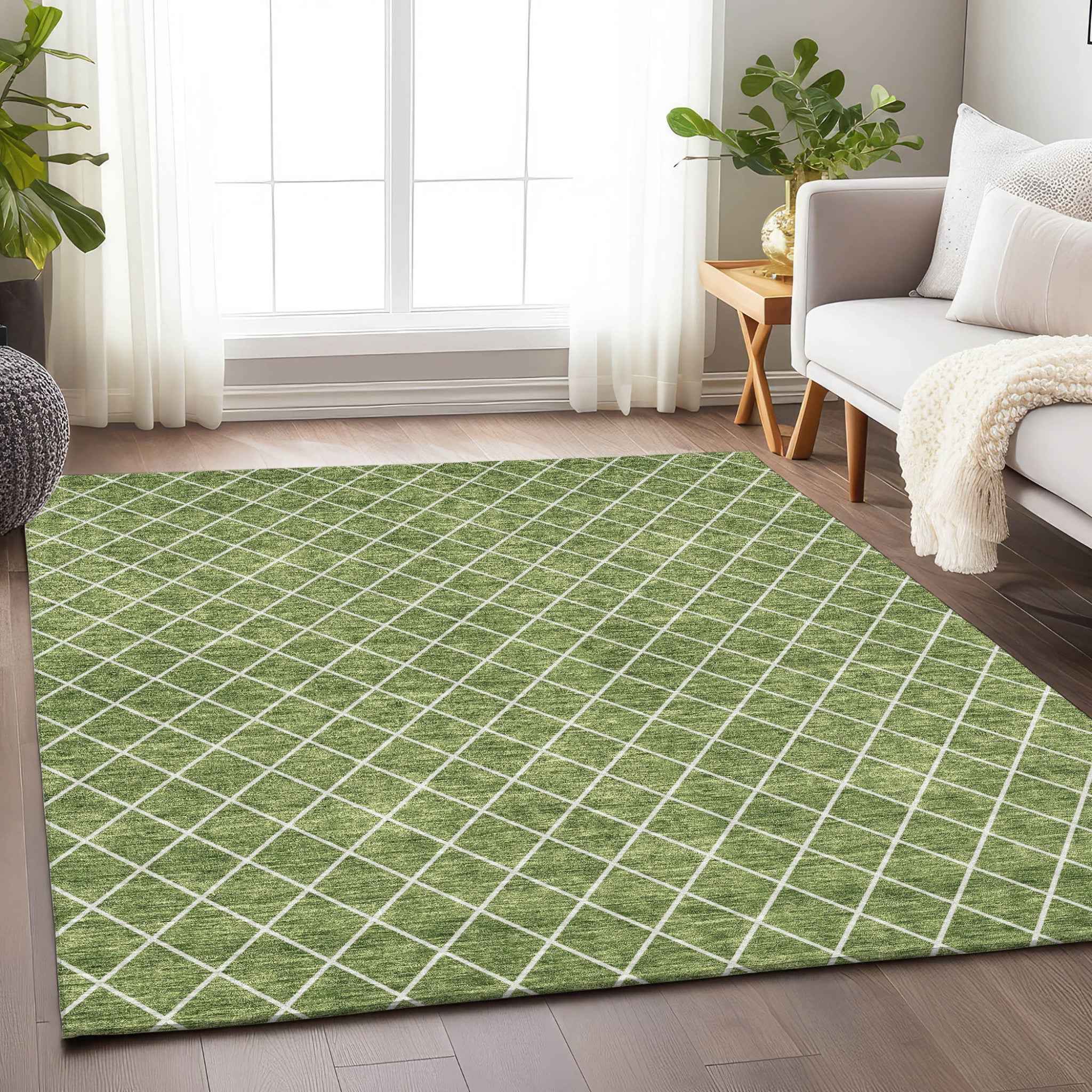 5' X 8' Green And Ivory Geometric Washable Indoor Outdoor Area Rug