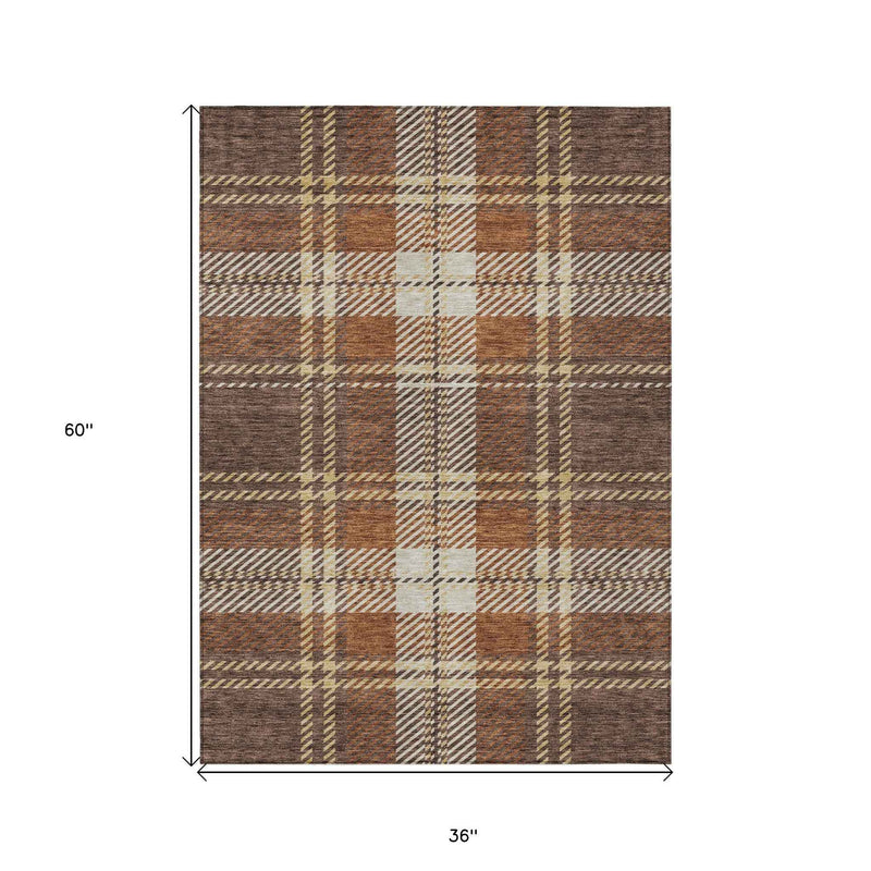 3' X 5' Chocolate Copper And Gold Plaid Washable Indoor Outdoor Area Rug