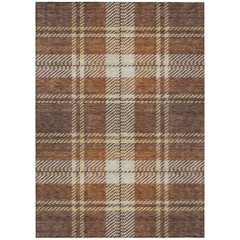 3' X 5' Chocolate Copper And Gold Plaid Washable Indoor Outdoor Area Rug
