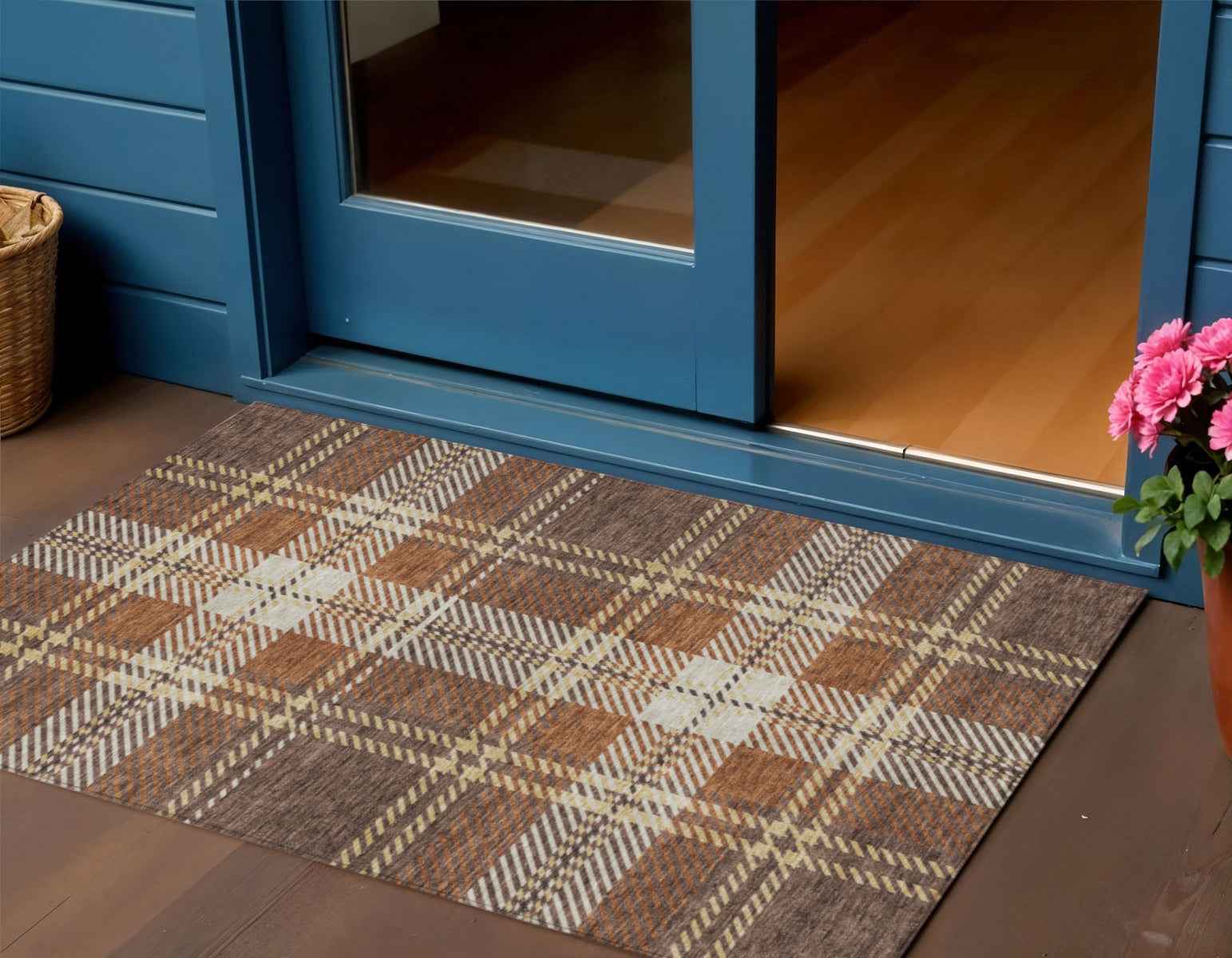 3' X 5' Chocolate Copper And Gold Plaid Washable Indoor Outdoor Area Rug