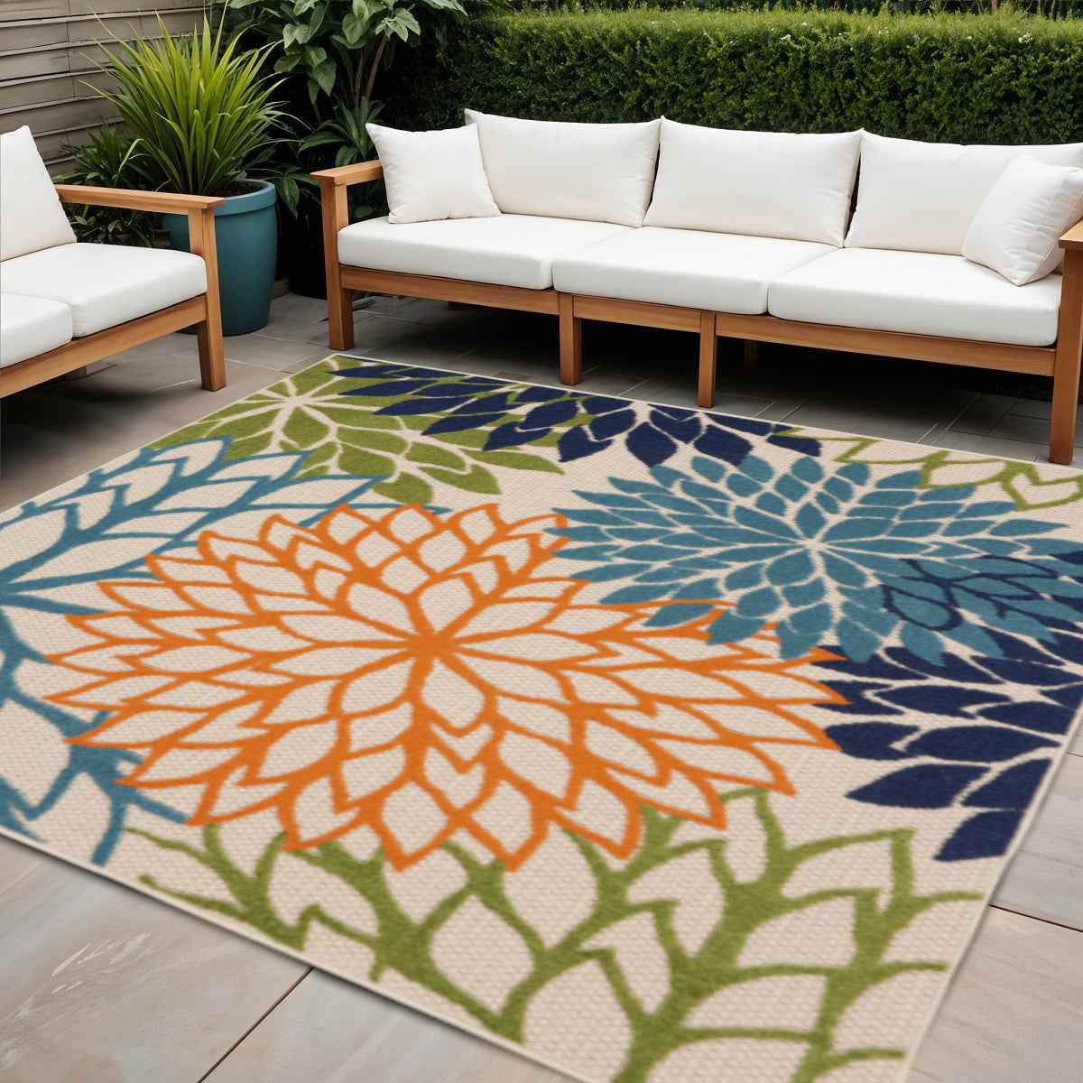 5' Blue And Green Square Indoor Outdoor Area Rug
