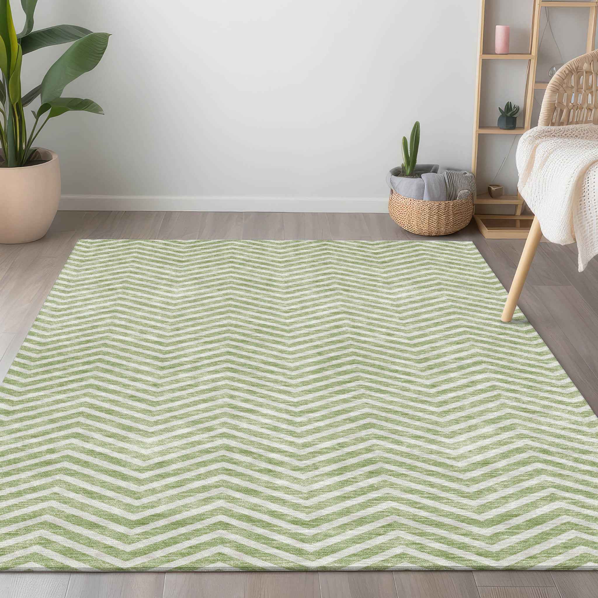9' X 12' Artichoke Green And Ivory Chevron Washable Indoor Outdoor Area Rug