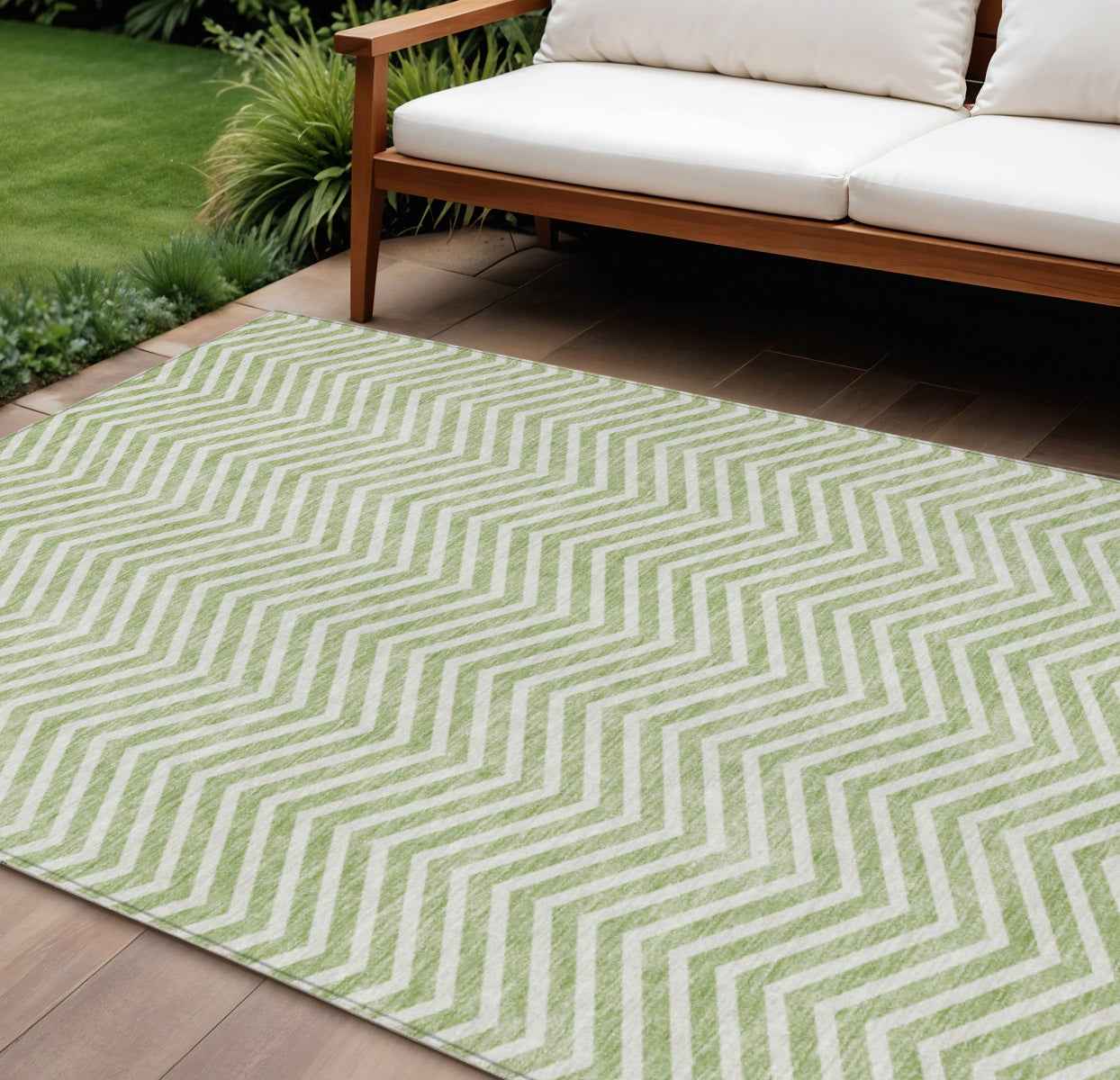 9' X 12' Artichoke Green And Ivory Chevron Washable Indoor Outdoor Area Rug