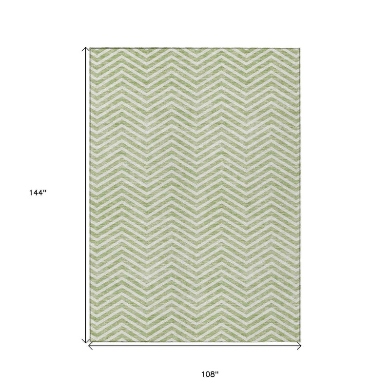 9' X 12' Artichoke Green And Ivory Chevron Washable Indoor Outdoor Area Rug