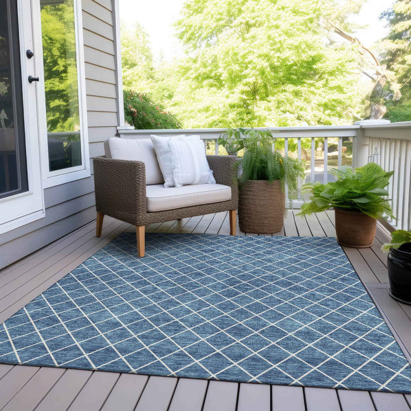 3' X 5' Denim Blue And Ivory Geometric Washable Indoor Outdoor Area Rug