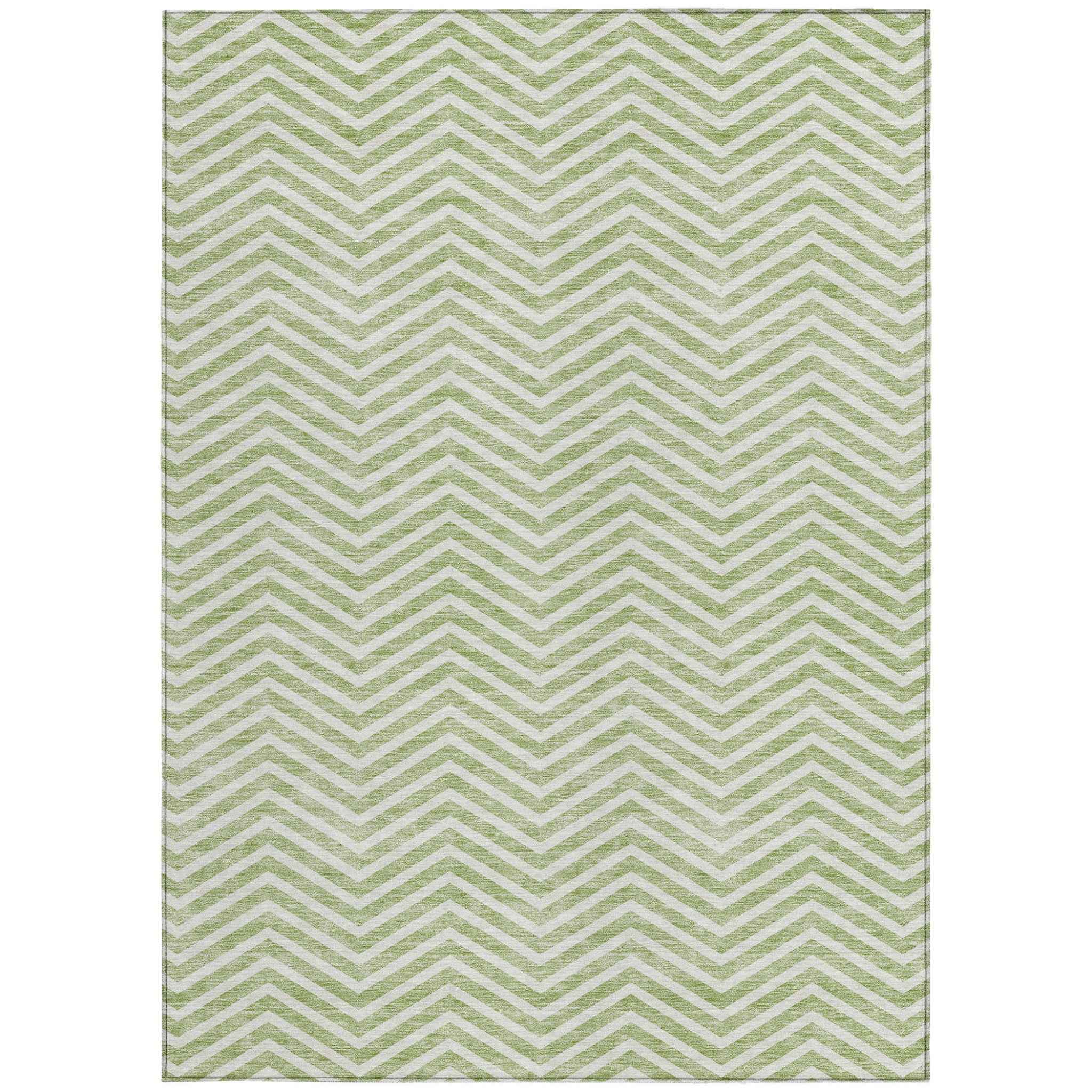 9' X 12' Artichoke Green And Ivory Chevron Washable Indoor Outdoor Area Rug
