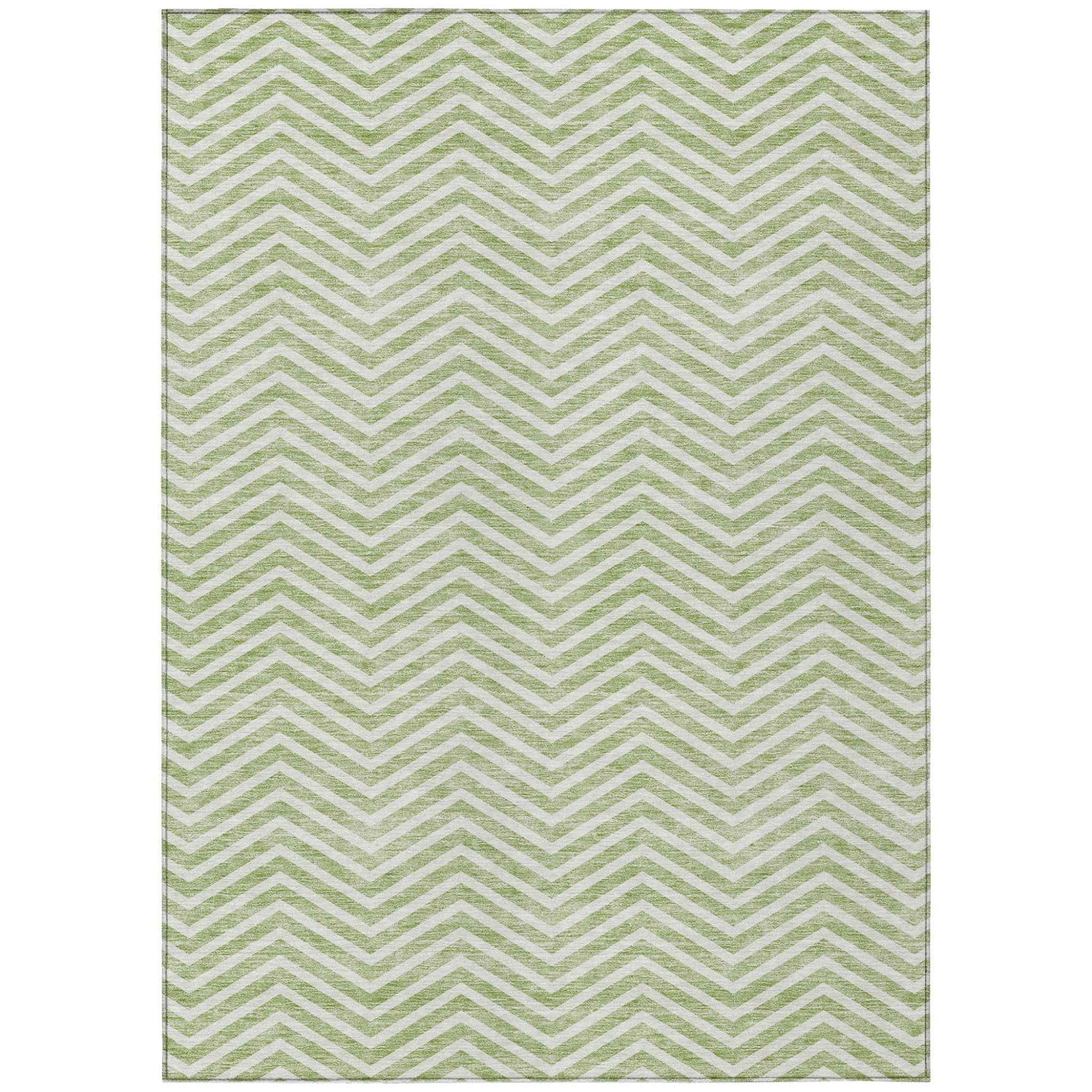 9' X 12' Artichoke Green And Ivory Chevron Washable Indoor Outdoor Area Rug