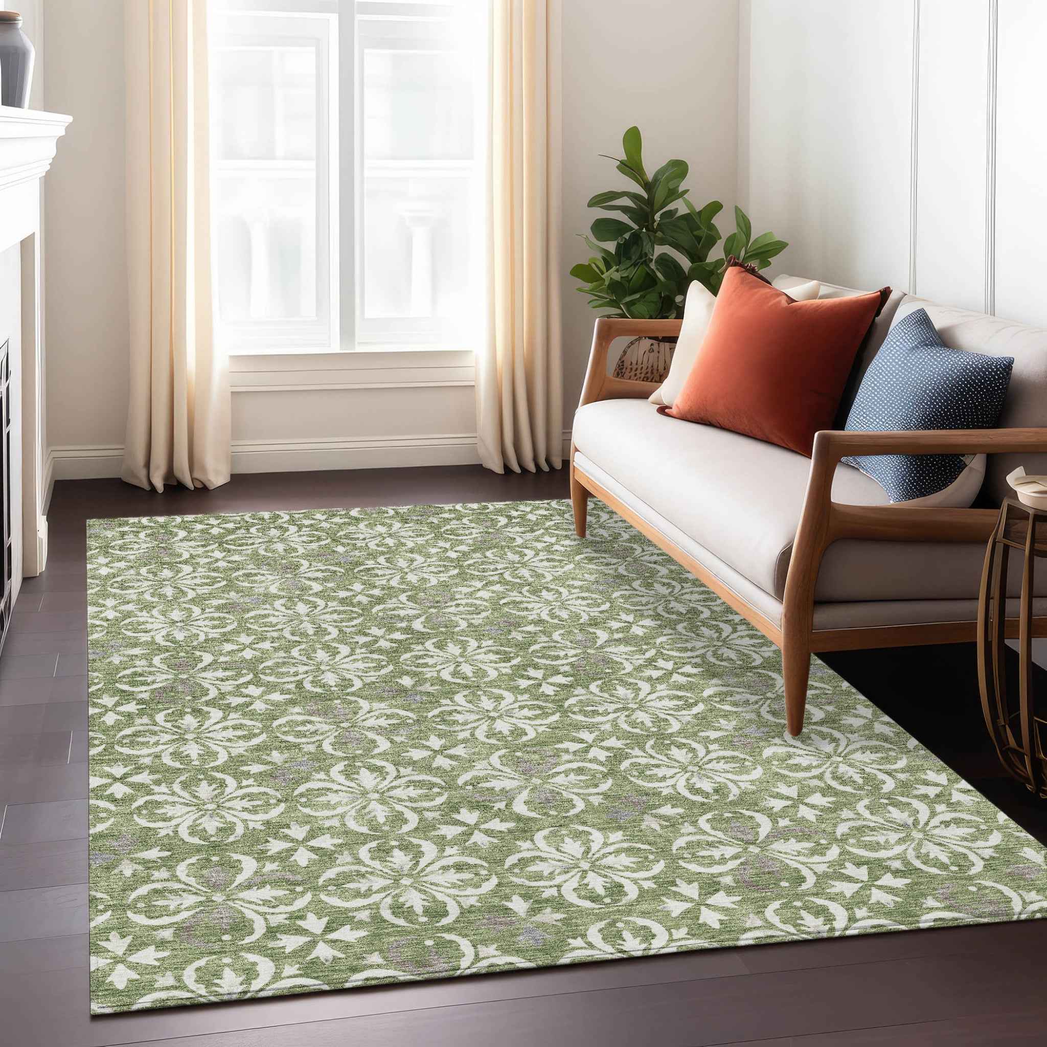 8' X 10' Green Gray And Ivory Floral Washable Indoor Outdoor Area Rug