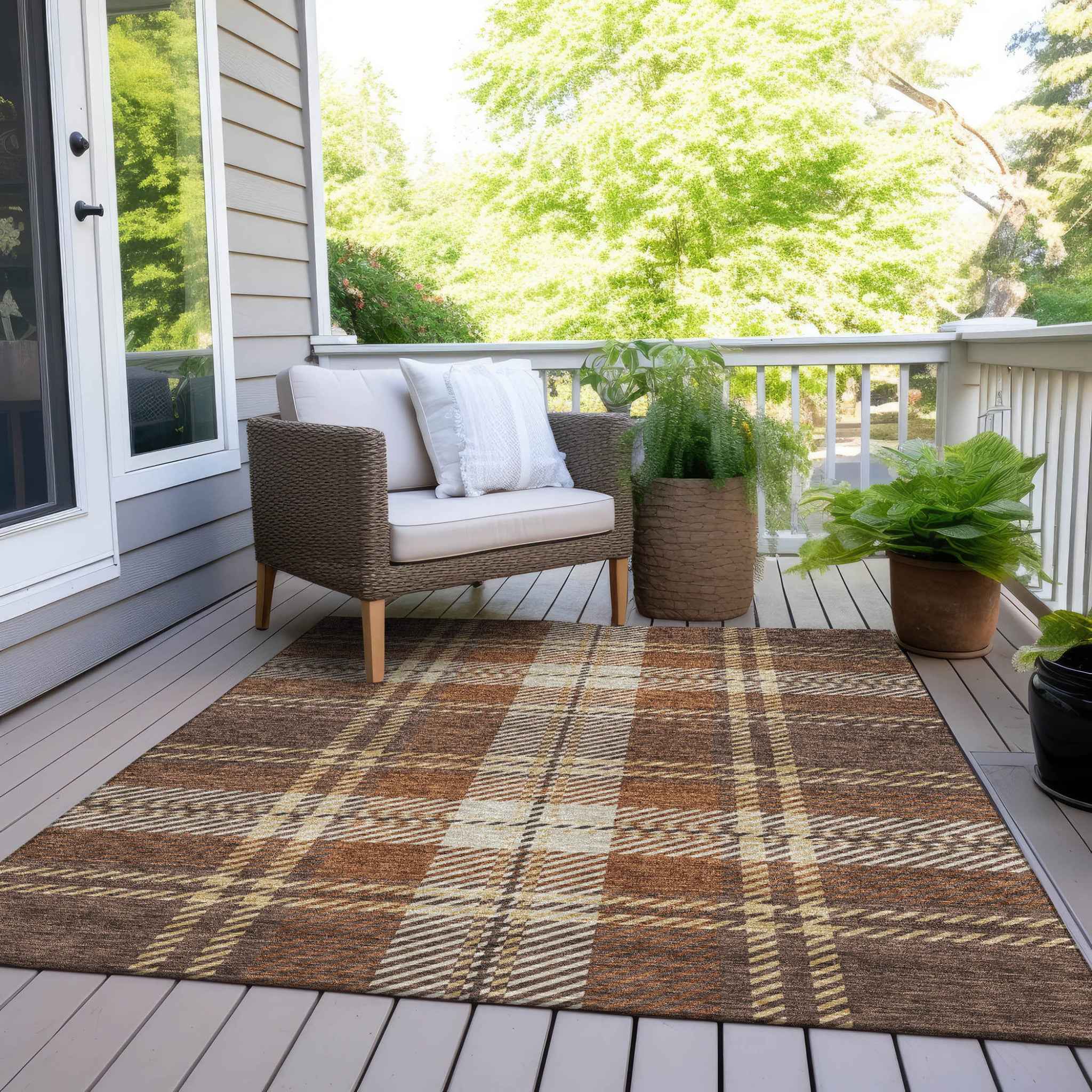 5' X 8' Chocolate Copper And Gold Plaid Washable Indoor Outdoor Area Rug