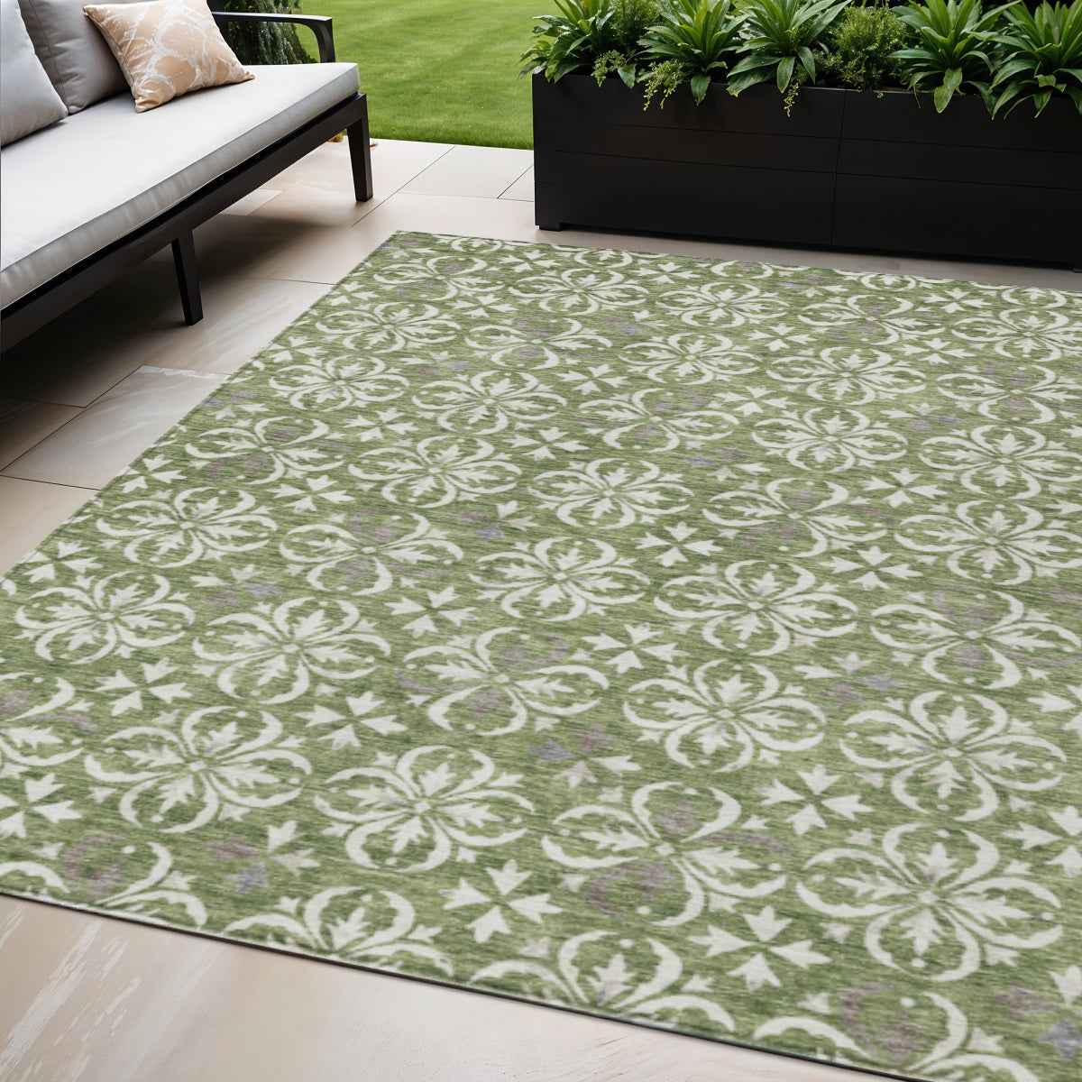 8' X 10' Green Gray And Ivory Floral Washable Indoor Outdoor Area Rug