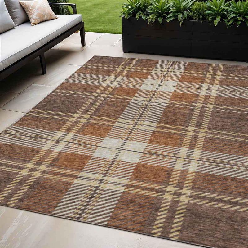 5' X 8' Chocolate Copper And Gold Plaid Washable Indoor Outdoor Area Rug