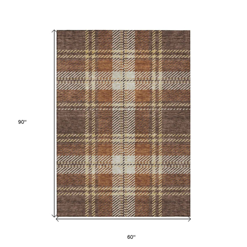 5' X 8' Chocolate Copper And Gold Plaid Washable Indoor Outdoor Area Rug