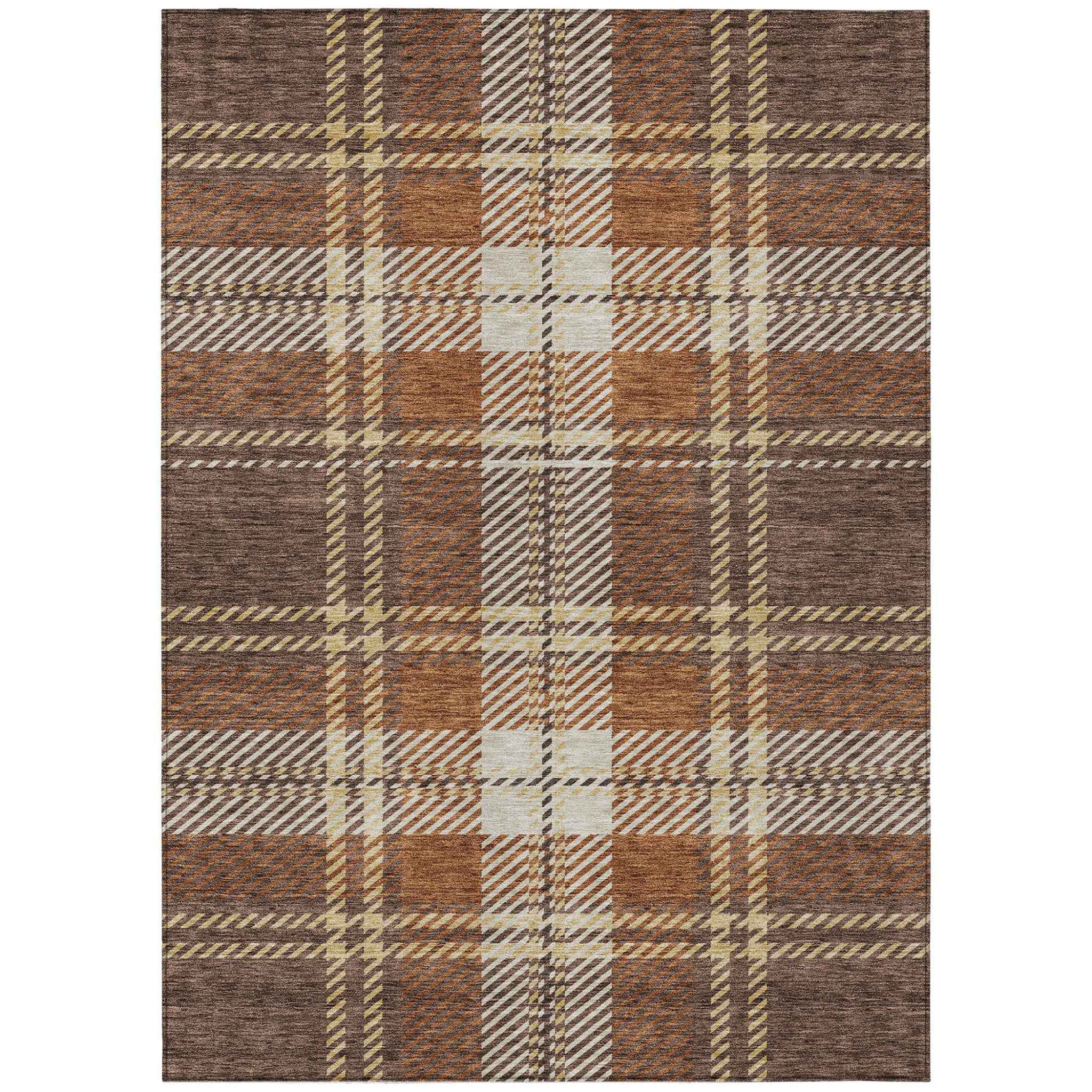 5' X 8' Chocolate Copper And Gold Plaid Washable Indoor Outdoor Area Rug