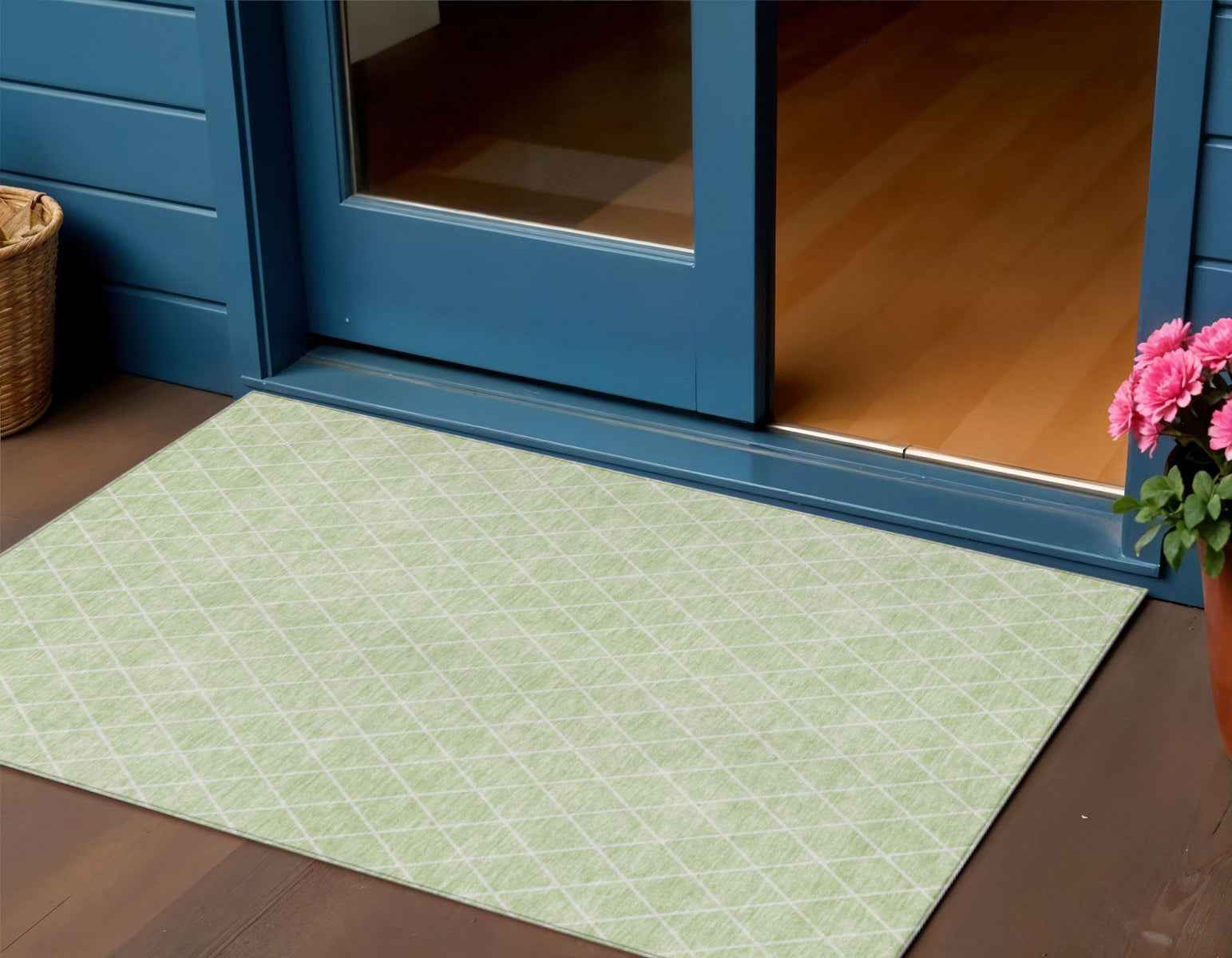 3' X 5' Mint Green And Ivory Geometric Washable Indoor Outdoor Area Rug