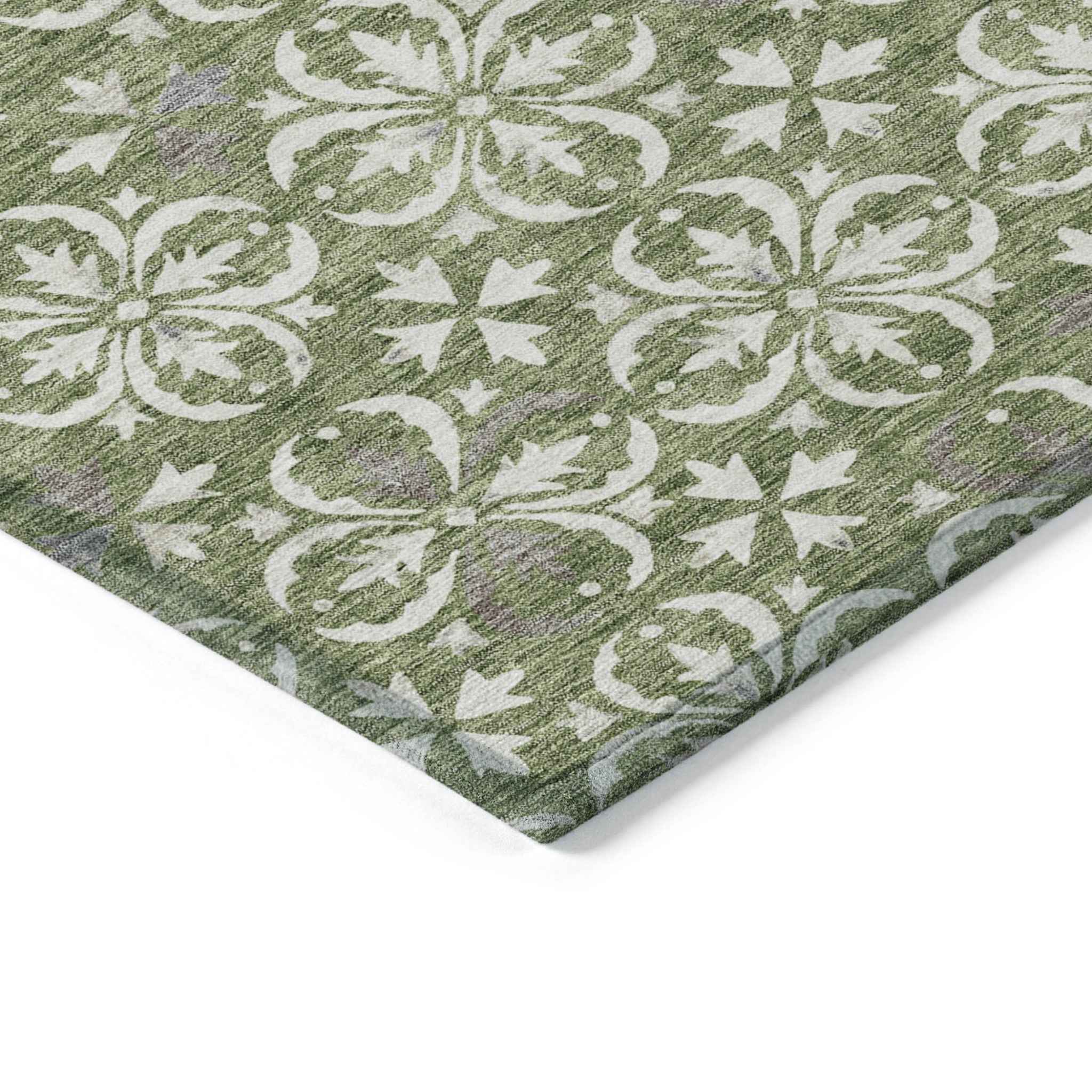 8' X 10' Green Gray And Ivory Floral Washable Indoor Outdoor Area Rug