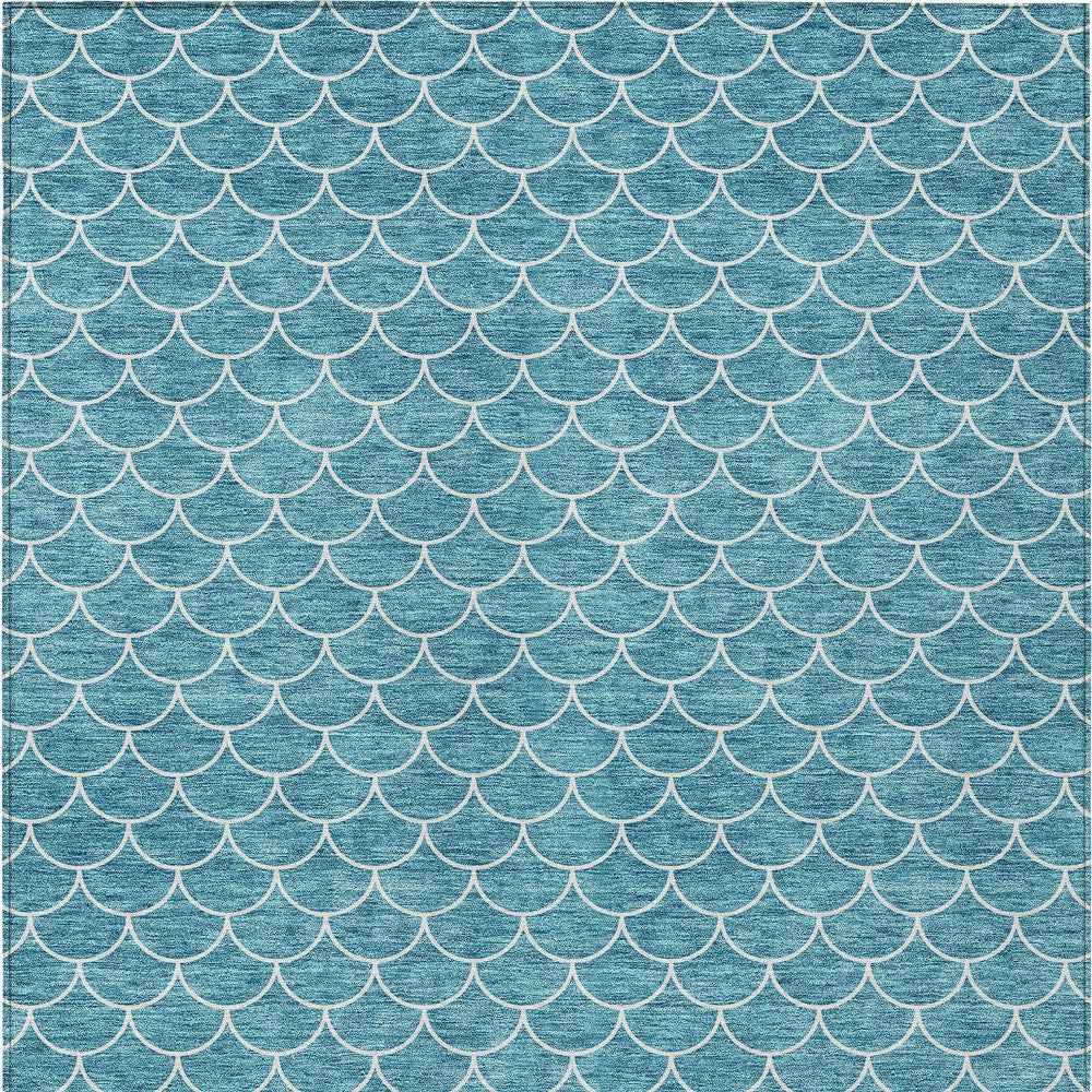 10' X 14' Teal Blue And Ivory Geometric Washable Indoor Outdoor Area Rug