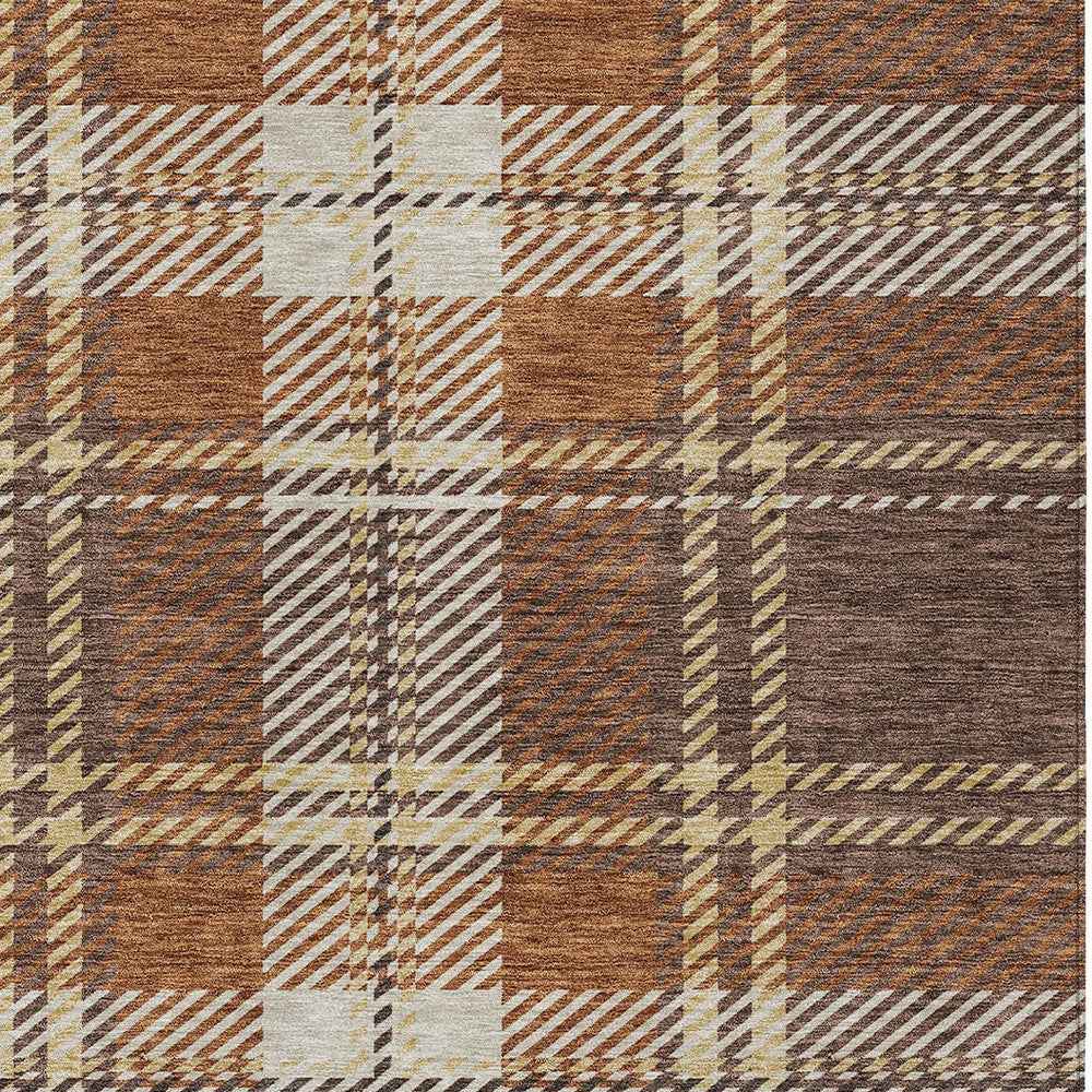 5' X 8' Chocolate Copper And Gold Plaid Washable Indoor Outdoor Area Rug