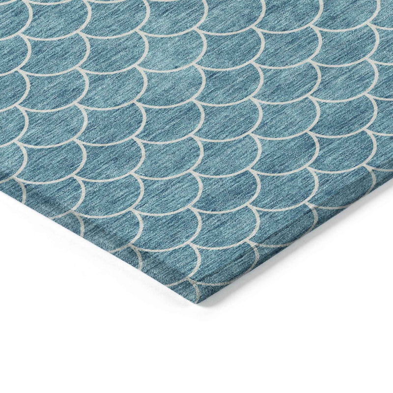 10' X 14' Teal Blue And Ivory Geometric Washable Indoor Outdoor Area Rug
