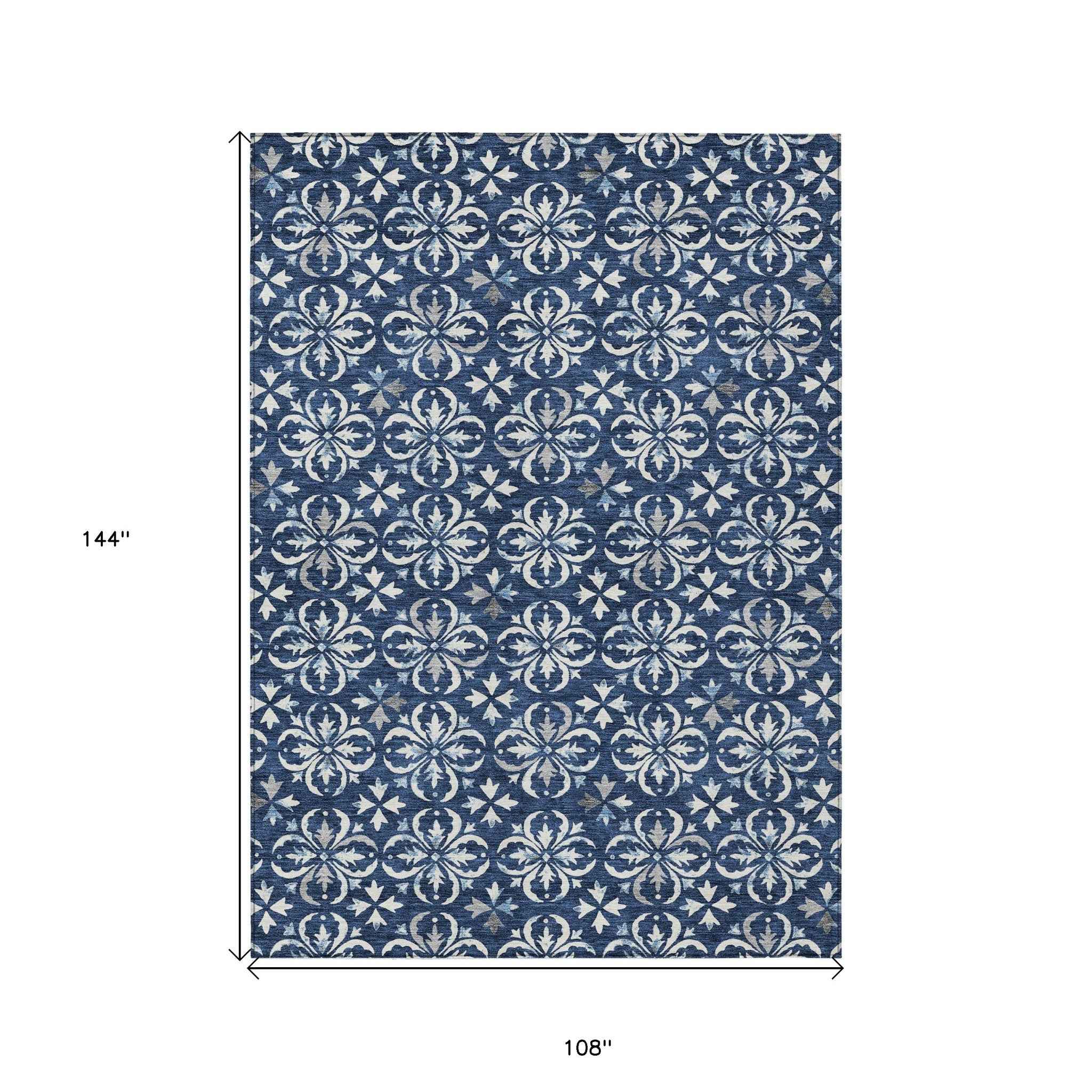 9' X 12' Navy Blue And Ivory Floral Washable Indoor Outdoor Area Rug