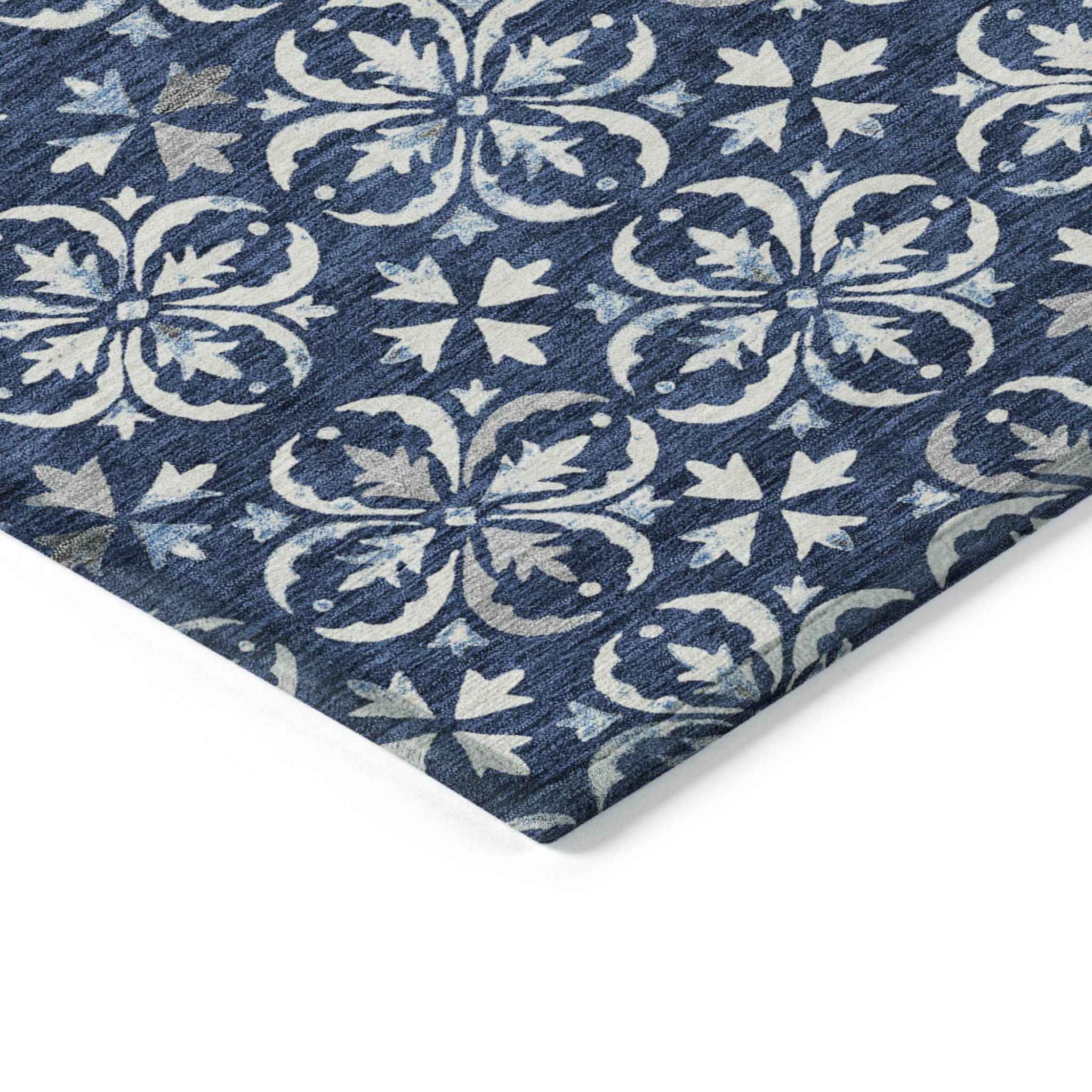 9' X 12' Navy Blue And Ivory Floral Washable Indoor Outdoor Area Rug