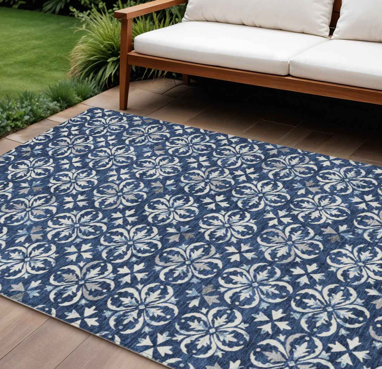 9' X 12' Navy Blue And Ivory Floral Washable Indoor Outdoor Area Rug