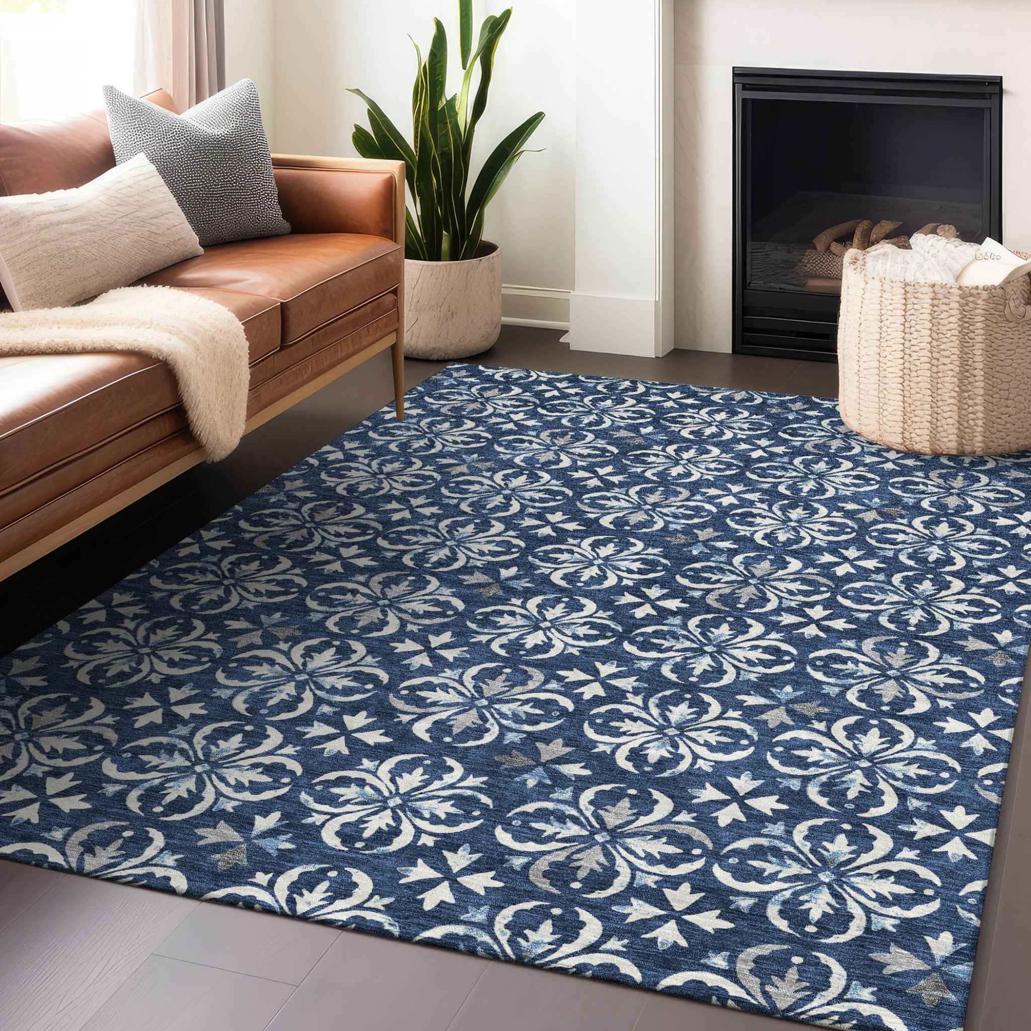9' X 12' Navy Blue And Ivory Floral Washable Indoor Outdoor Area Rug