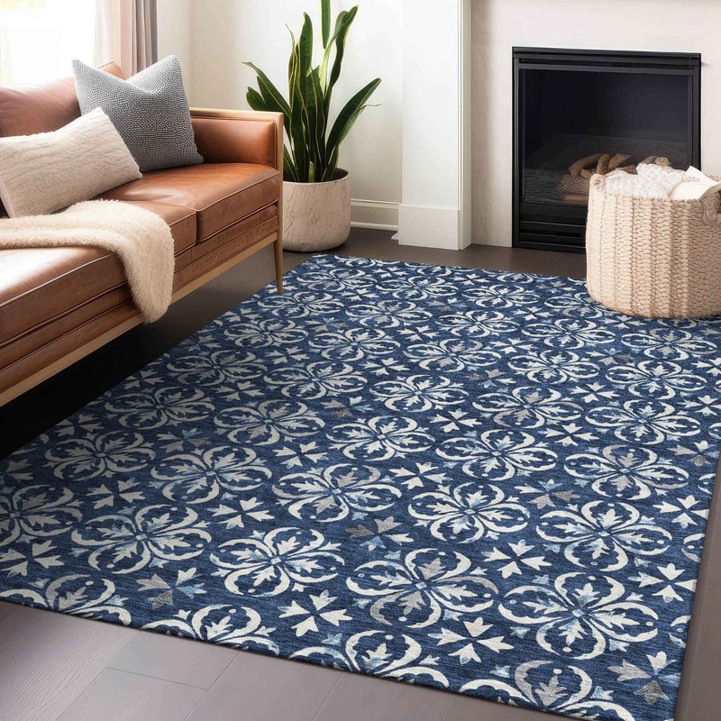 9' X 12' Navy Blue And Ivory Floral Washable Indoor Outdoor Area Rug