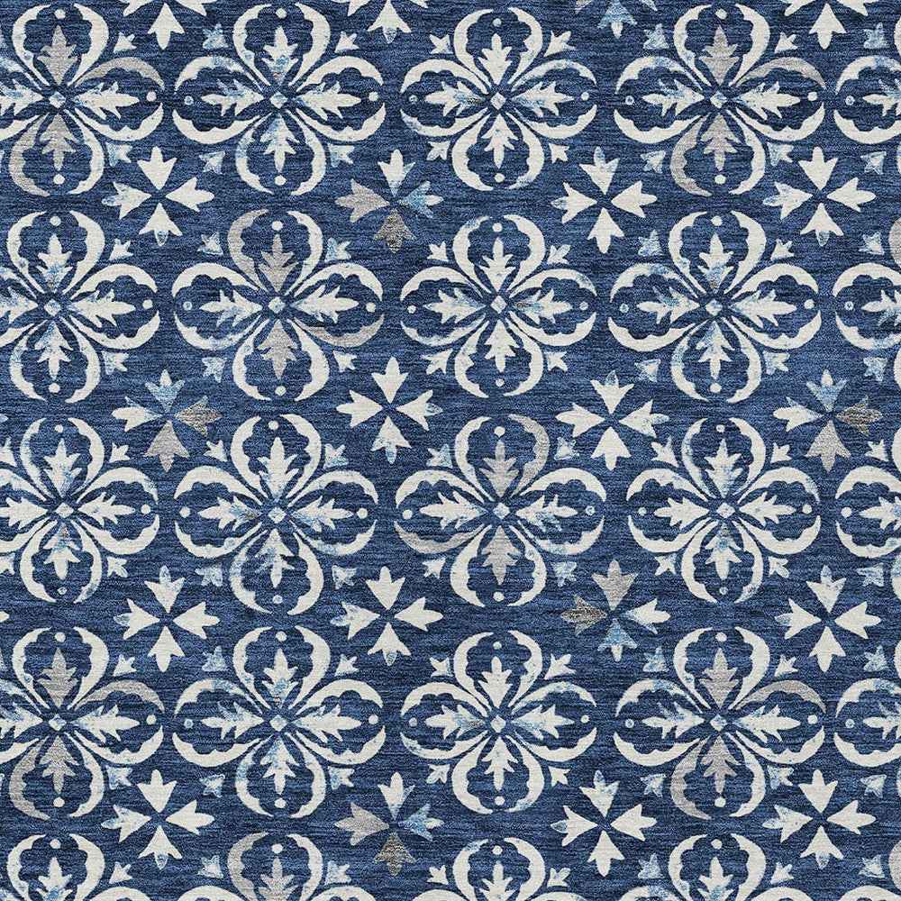 9' X 12' Navy Blue And Ivory Floral Washable Indoor Outdoor Area Rug
