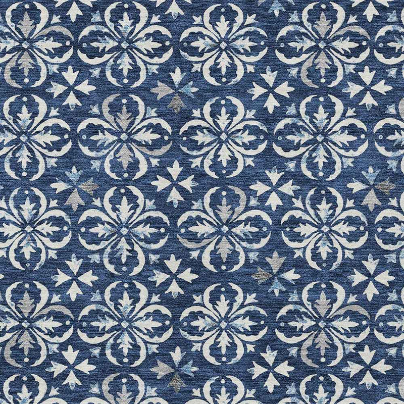 9' X 12' Navy Blue And Ivory Floral Washable Indoor Outdoor Area Rug