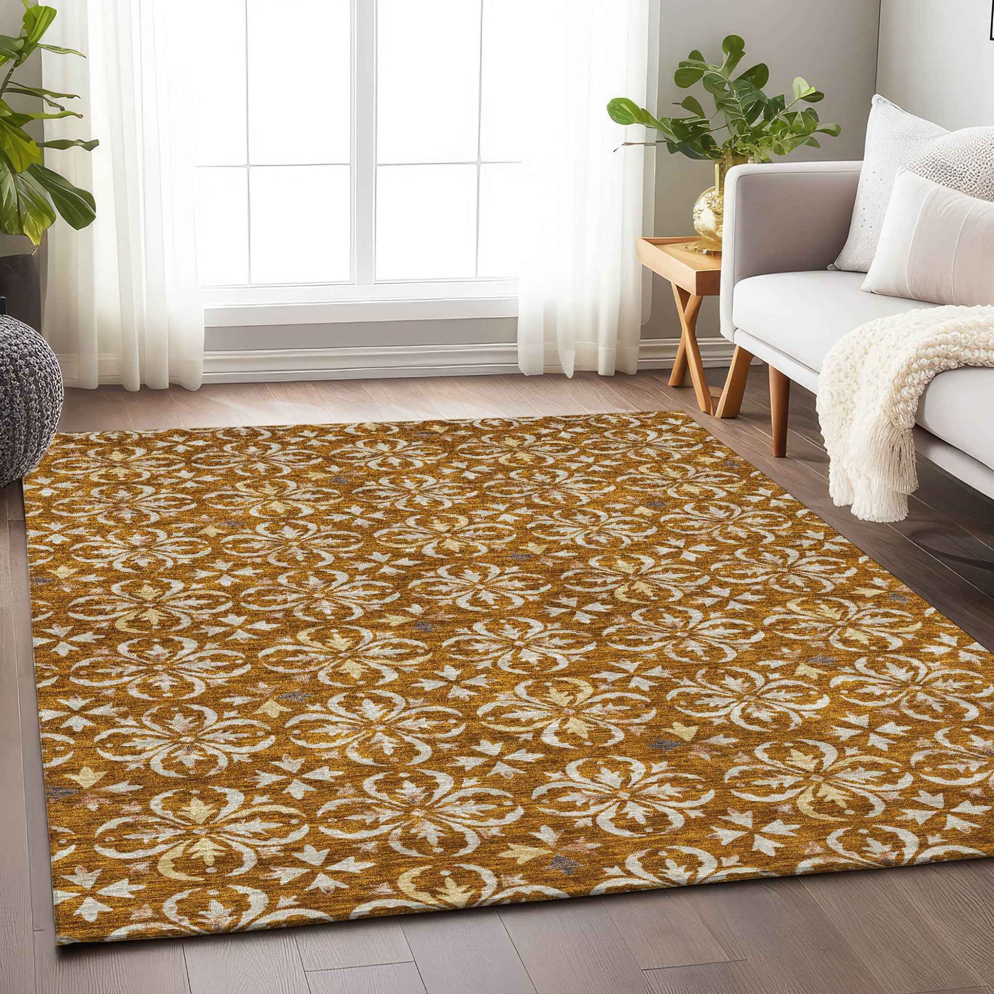 3' X 5' Copper And Beige Floral Washable Indoor Outdoor Area Rug