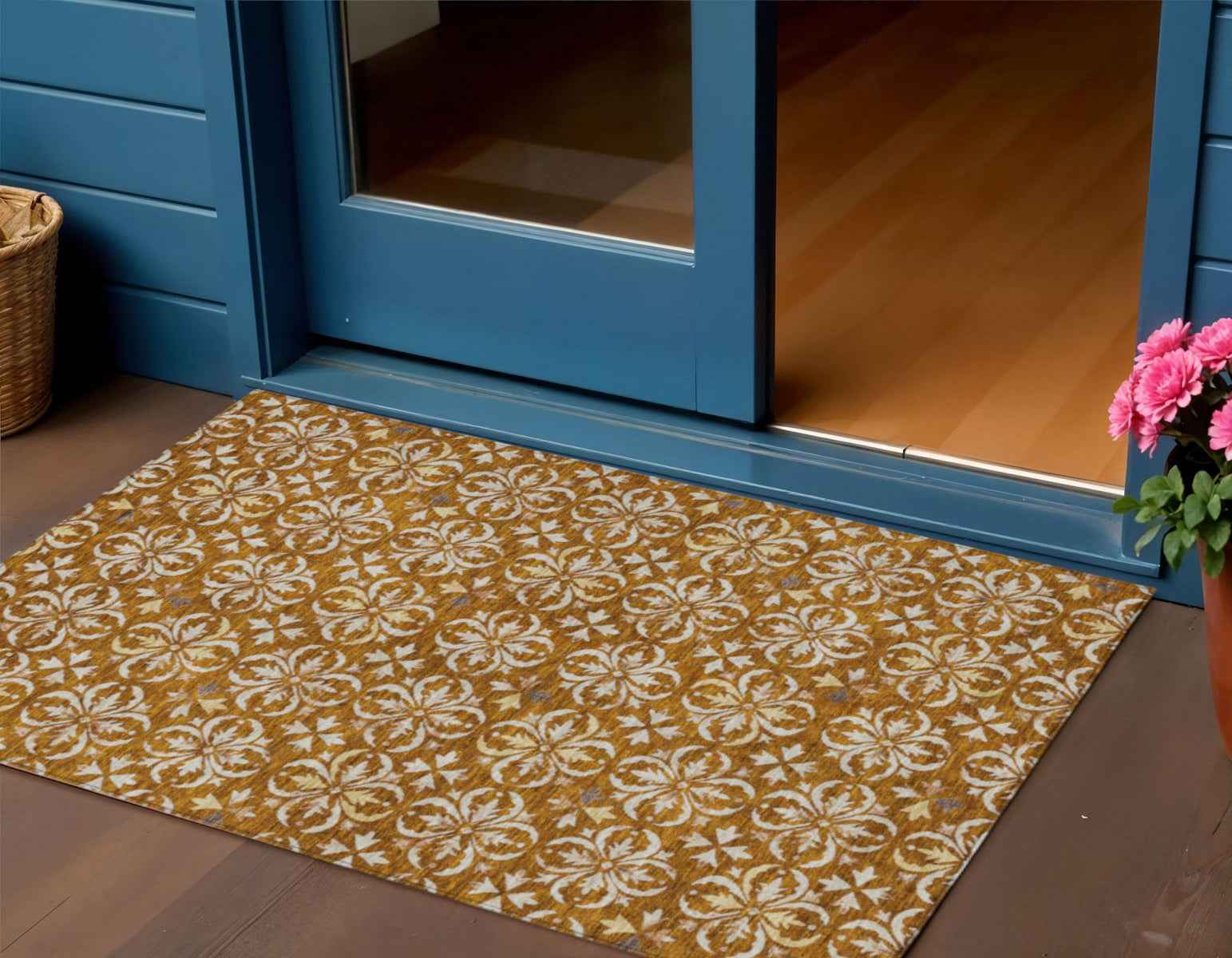 3' X 5' Copper And Beige Floral Washable Indoor Outdoor Area Rug