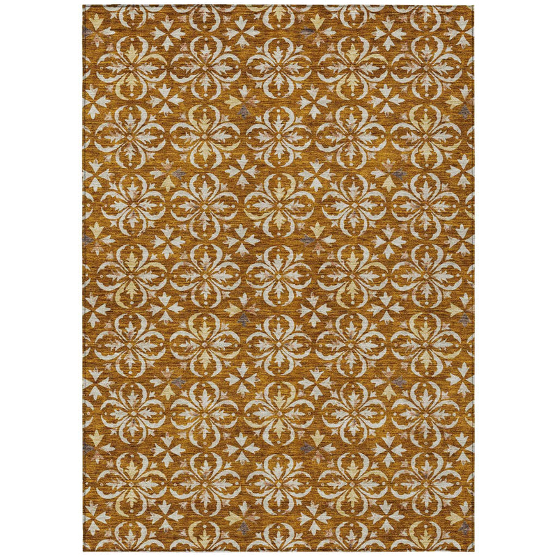 3' X 5' Copper And Beige Floral Washable Indoor Outdoor Area Rug