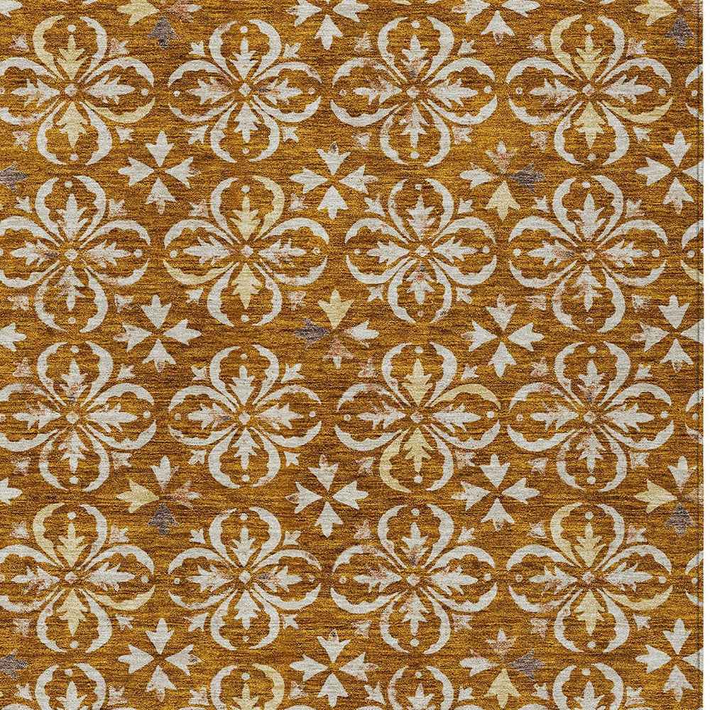3' X 5' Copper And Beige Floral Washable Indoor Outdoor Area Rug