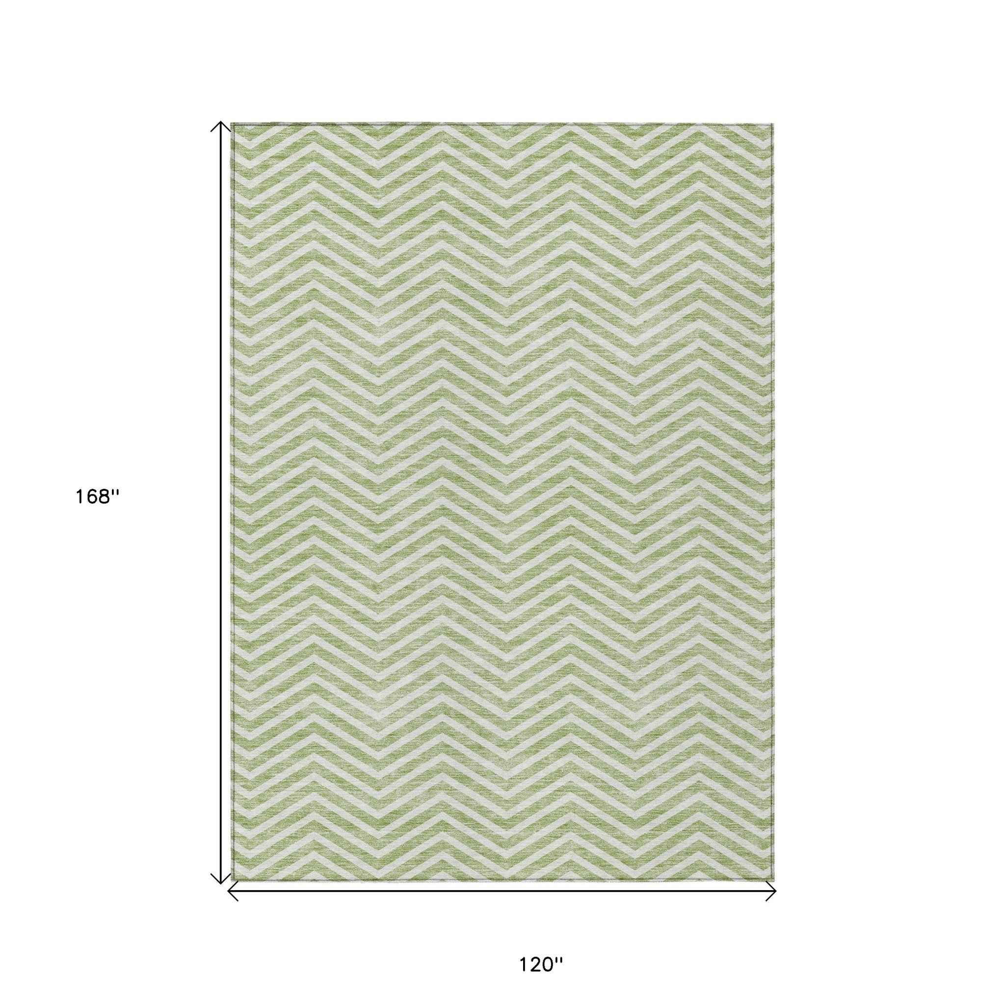 10' X 14' Artichoke Green And Ivory Chevron Washable Indoor Outdoor Area Rug