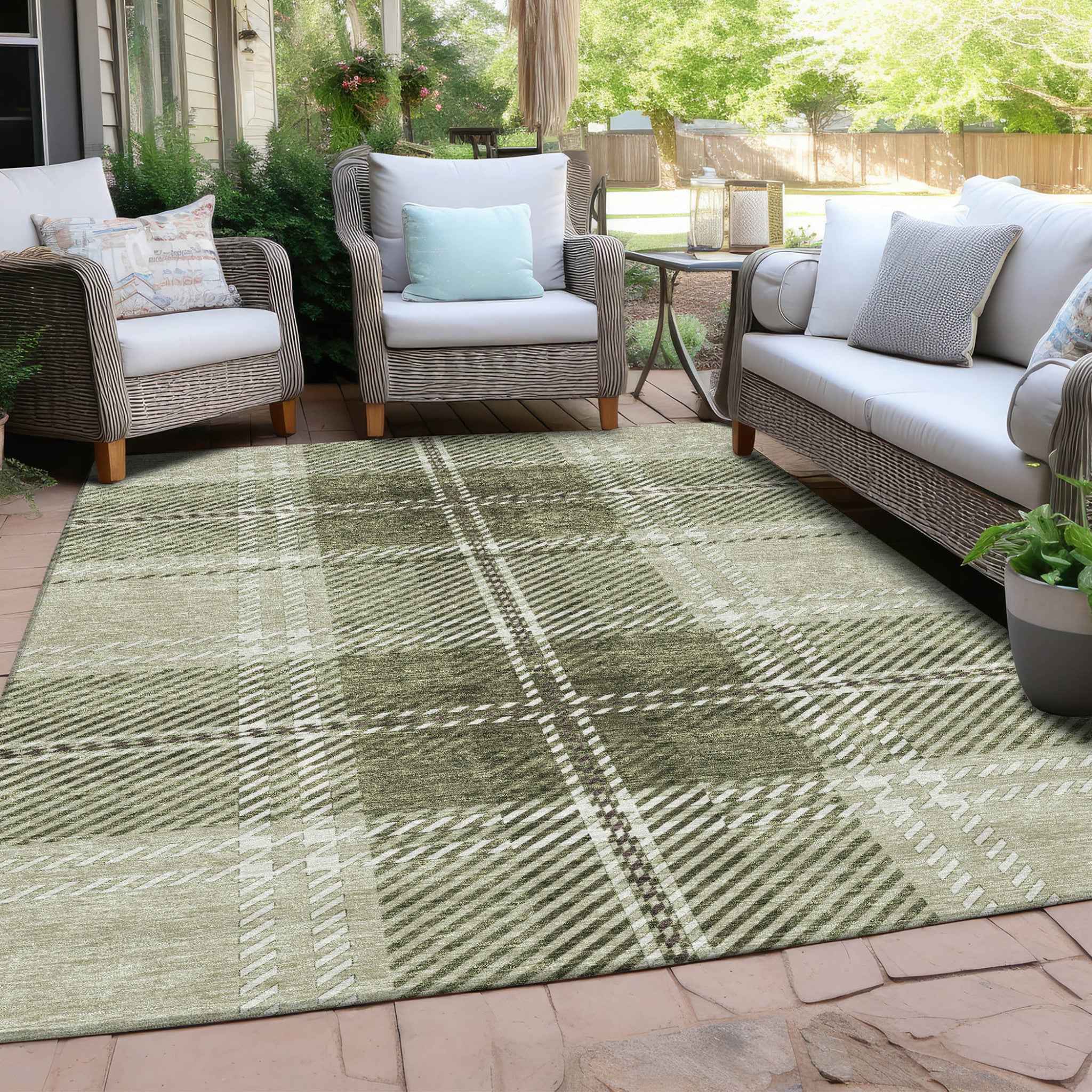 8' X 10' Artichoke Green Brown And Ivory Plaid Washable Indoor Outdoor Area Rug