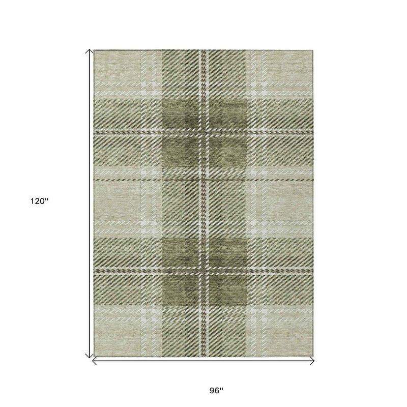 8' X 10' Artichoke Green Brown And Ivory Plaid Washable Indoor Outdoor Area Rug